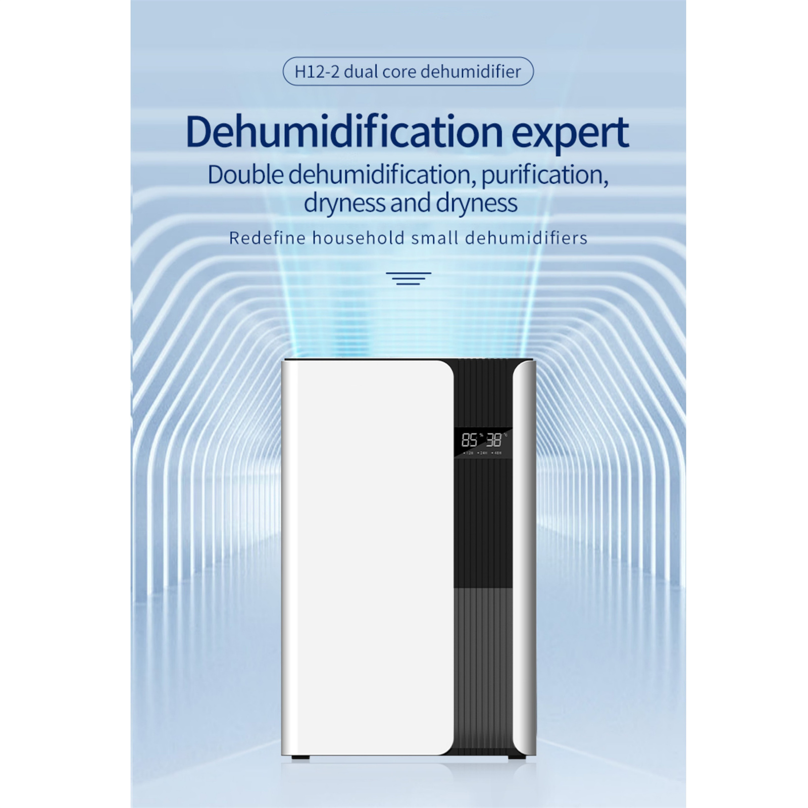 Ein weißer und schwarzer Luftentfeuchter mit Digitalanzeige. Text oben: 'Dehumidification expert'.