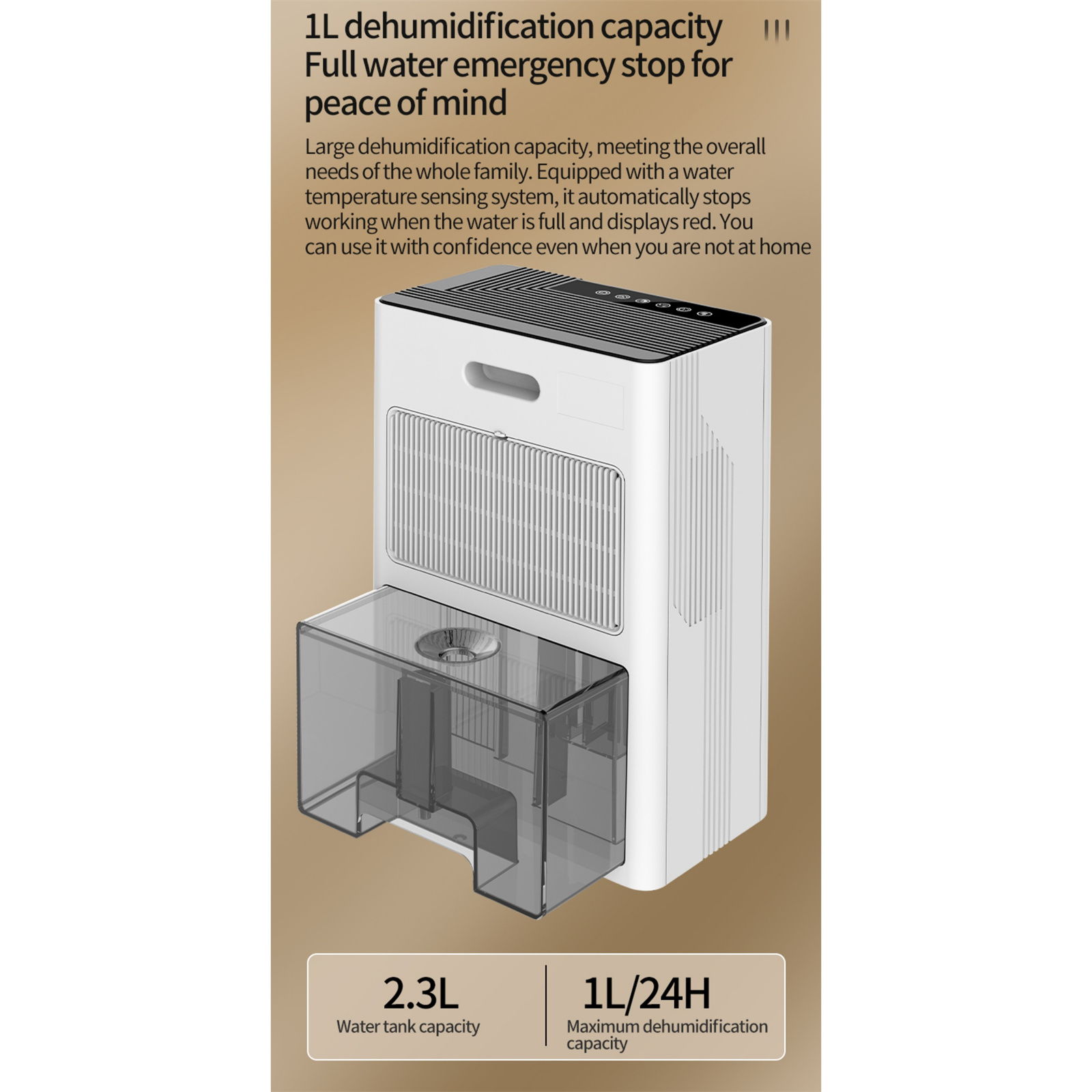 Weißer Luftentfeuchter mit transparentem Wassertank. Text auf dem Bild beschreibt die Kapazität und Eigenschaften. Der Hintergrund ist hellbraun.