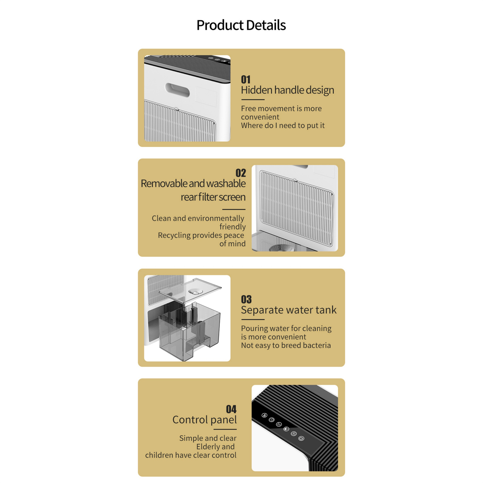 Produktdetails: versteckter Griff, abnehmbarer Filter, separater Wassertank und Bedienfeld. Es zeigt Produktmerkmale in Weiß und Braun.