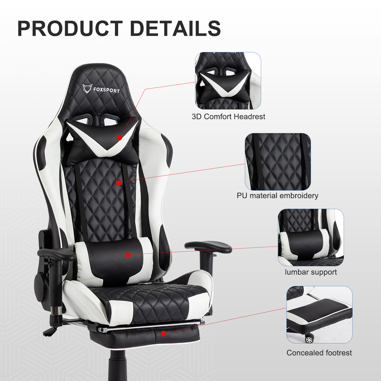 Ein schwarz-weißer Gaming-Stuhl mit Produktdetails. Merkmale sind Kopfstütze, PU-Material, Lendenwirbelstütze und eine versteckte Fußstütze.