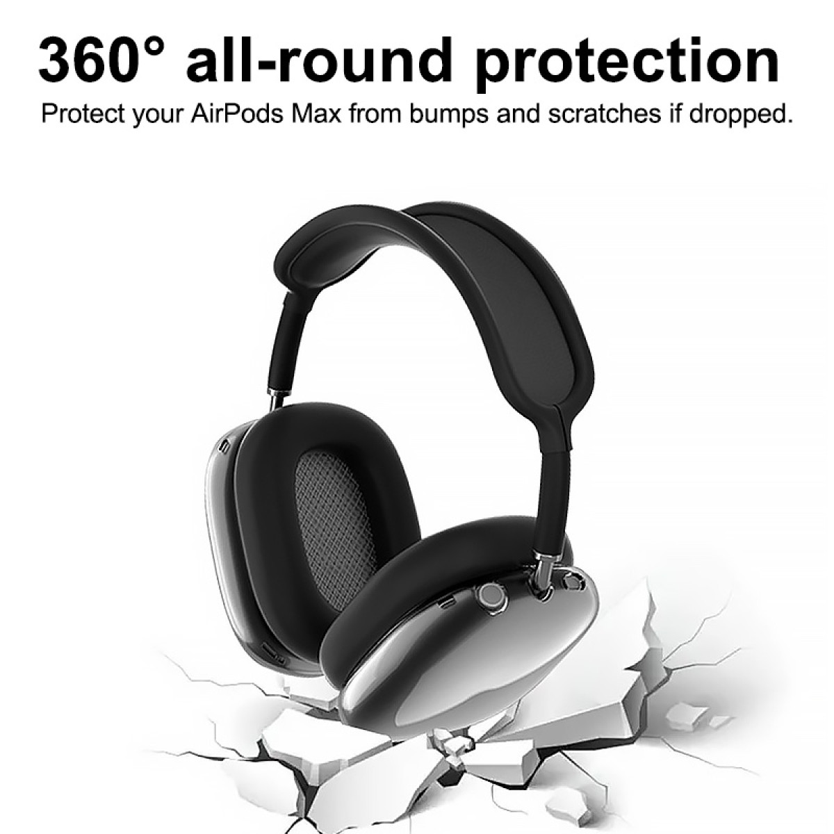 Schwarze AirPods Max-Kopfhörer, silberne Ohrmuscheln, auf zerbrochenem weißen Boden, Werbung für 360°-Schutz bei Stürzen.