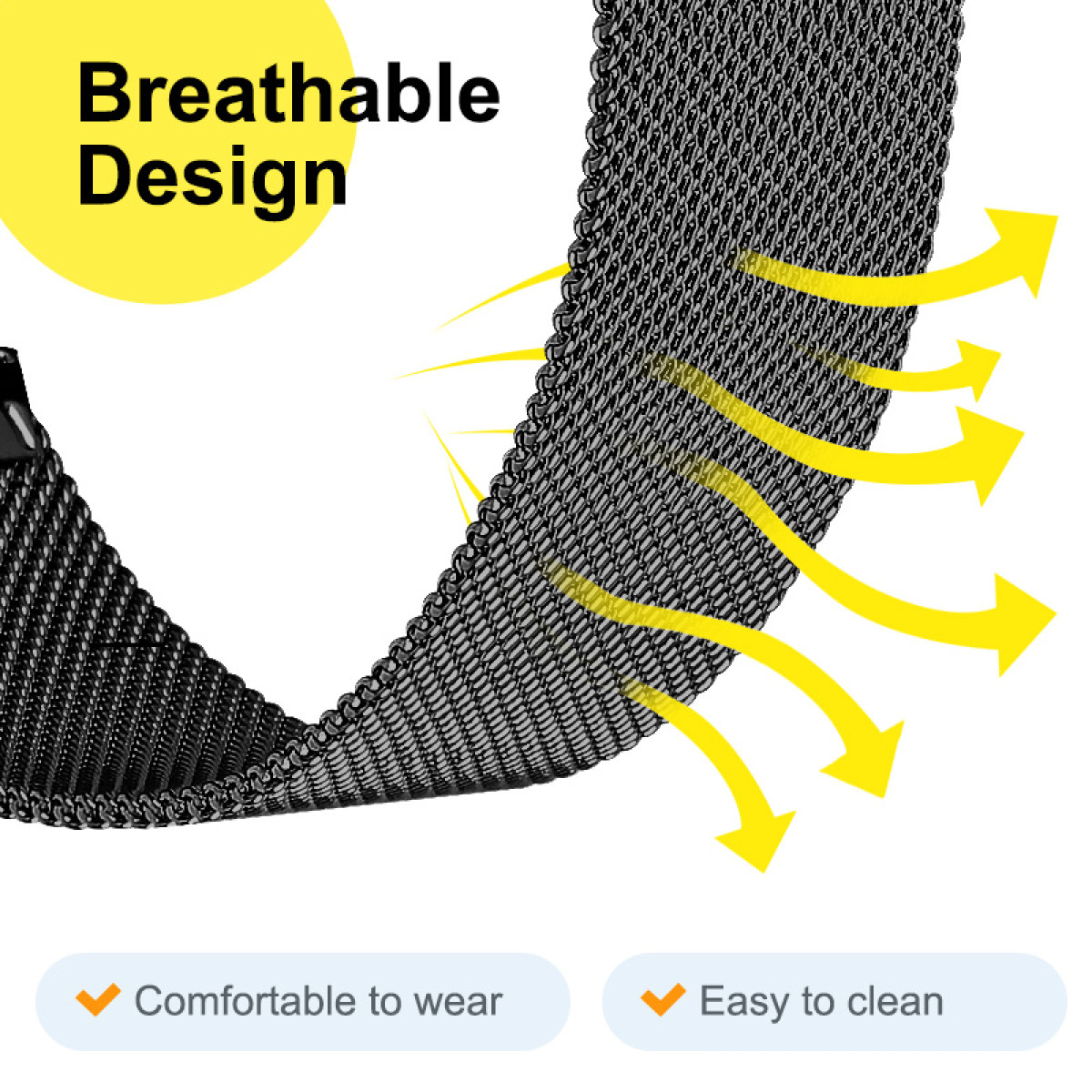 Obraz przedstawia czarny pasek z siatki z żółtymi strzałkami, wskazującymi na oddychalność. Tekst mówi: „Oddychający design”, „Wygodny w noszeniu”, „Łatwy do czyszczenia”.