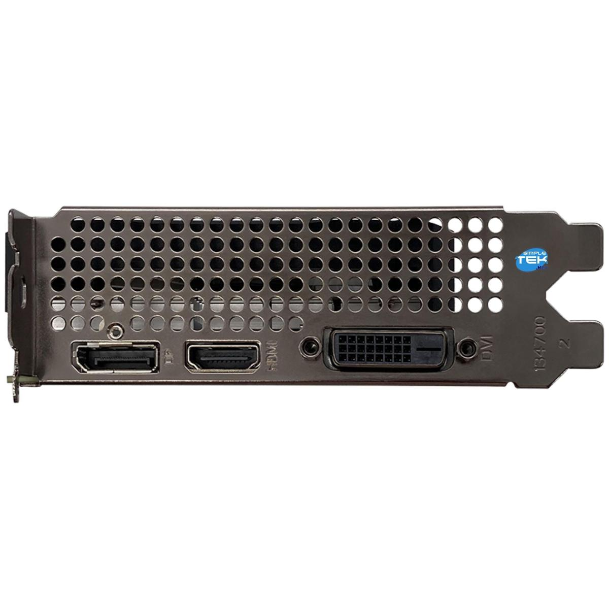 Retro di scheda grafica nera e argento. Include porte HDMI, DVI e DisplayPort. Logo SimpleTek visibile.