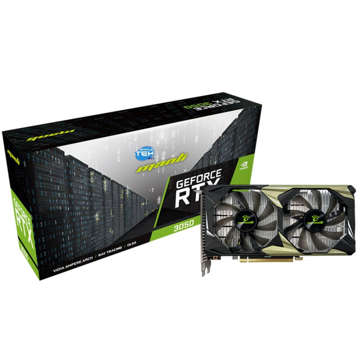 Una scheda grafica e la sua scatola. La scheda ha due ventole. La scatola ha testo come 'GEFORCE RTX 3050' e 'manli'.