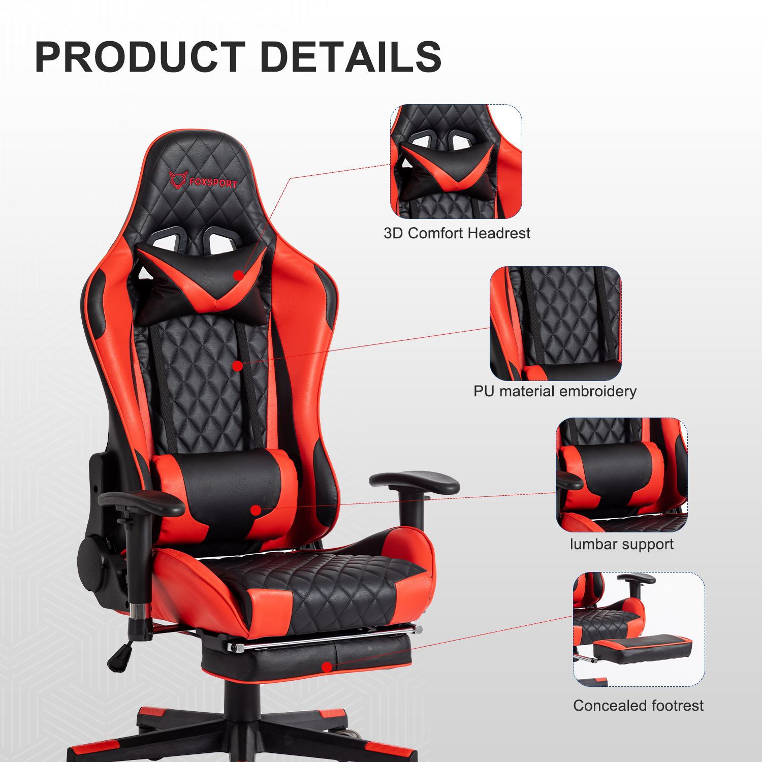 Ein roter und schwarzer Gaming-Stuhl mit Kopfstütze, Lendenwirbelstütze und versteckter Fußstütze wird gezeigt. Details sind im Bild beschriftet.