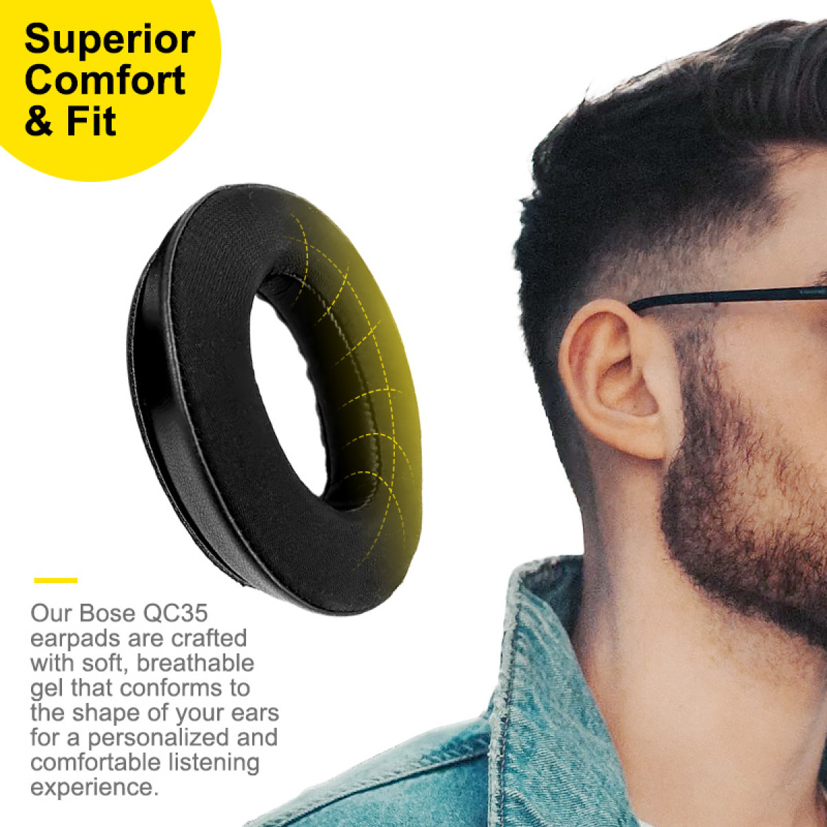 Na zdjęciu widać nausznik z żółtym wnętrzem obok ucha mężczyzny, reklamujący komfort nauszników Bose QC35.