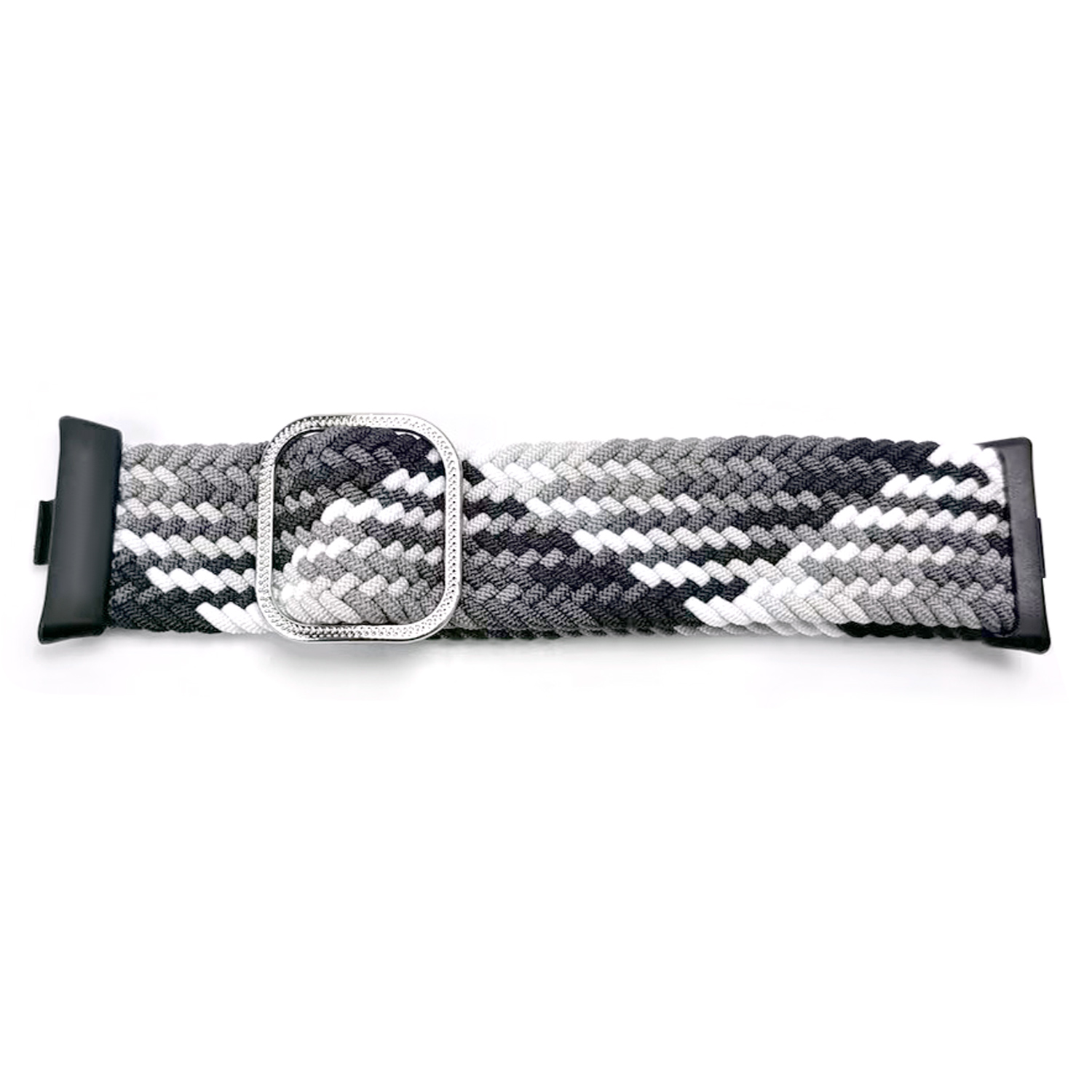 Pasek do zegarka z wzorem kamuflażu w kolorach czarnym, białym i szarym. Ma srebrną klamrę i czarne końce na białym tle.
