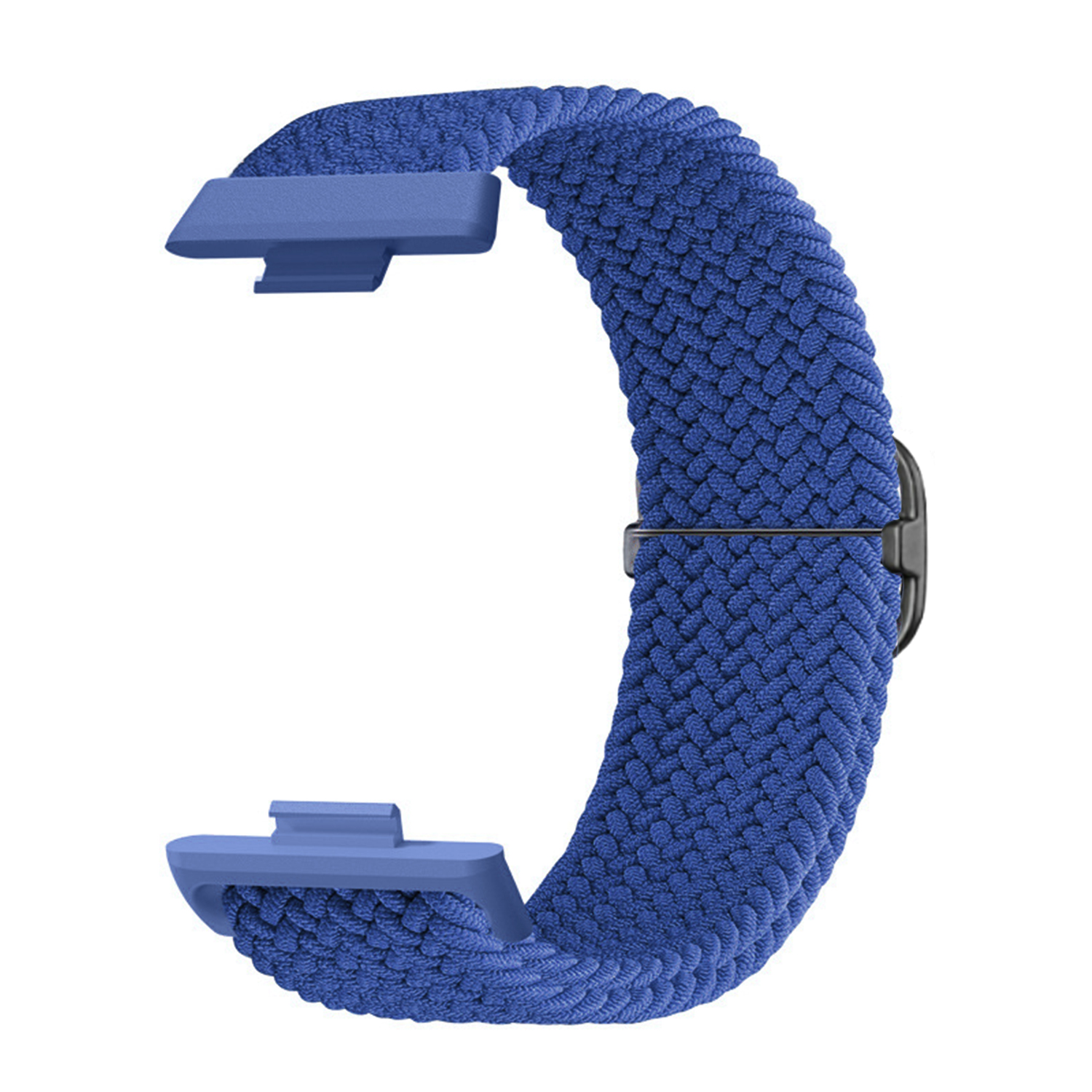 Niebieski pleciony pasek do smartwatcha. Posiada zapięcie i dwa łączniki. Pasek jest zakrzywiony, pokazując swój kształt.