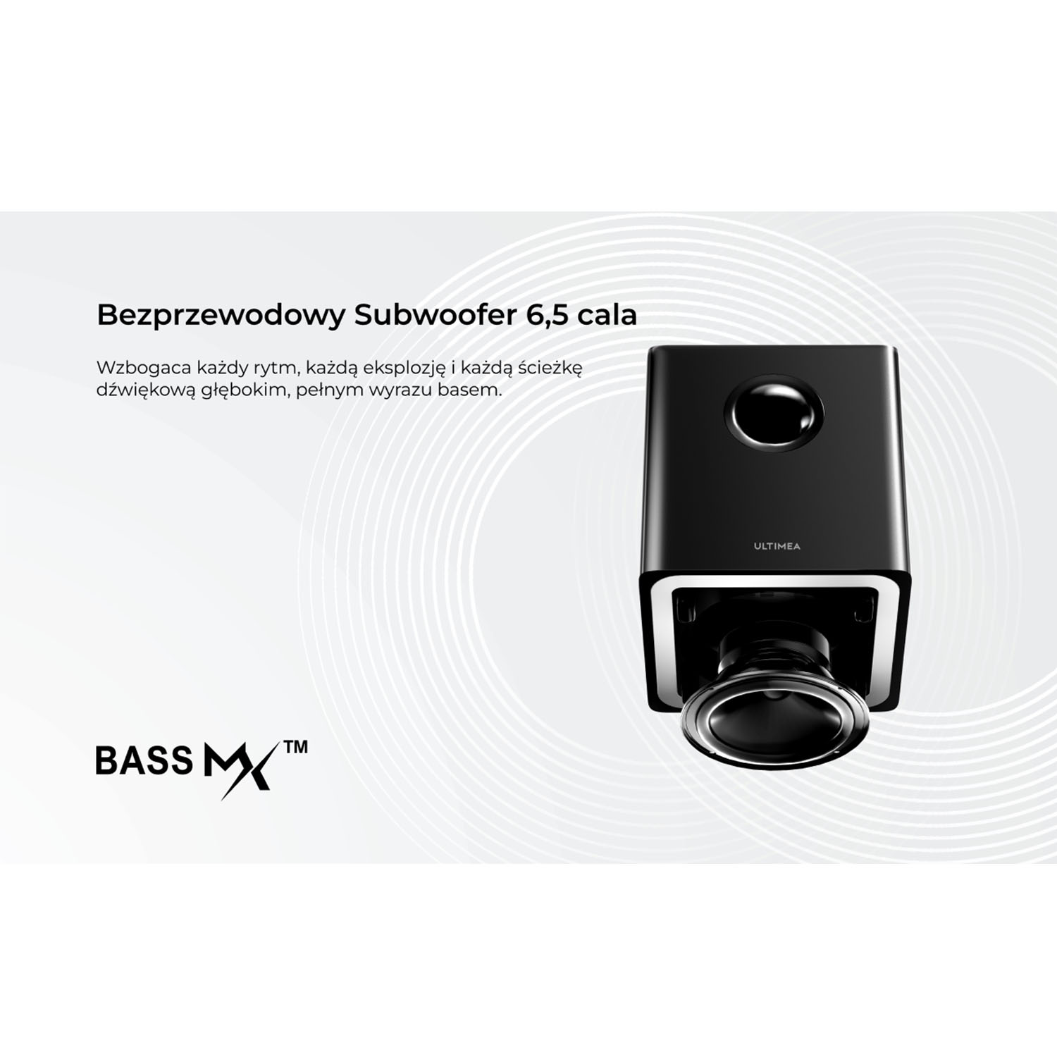 Czarny subwoofer ze srebrnym pierścieniem. Tekst: 'Bezprzewodowy Subwoofer 6,5 cala' i 'BASS MX'.