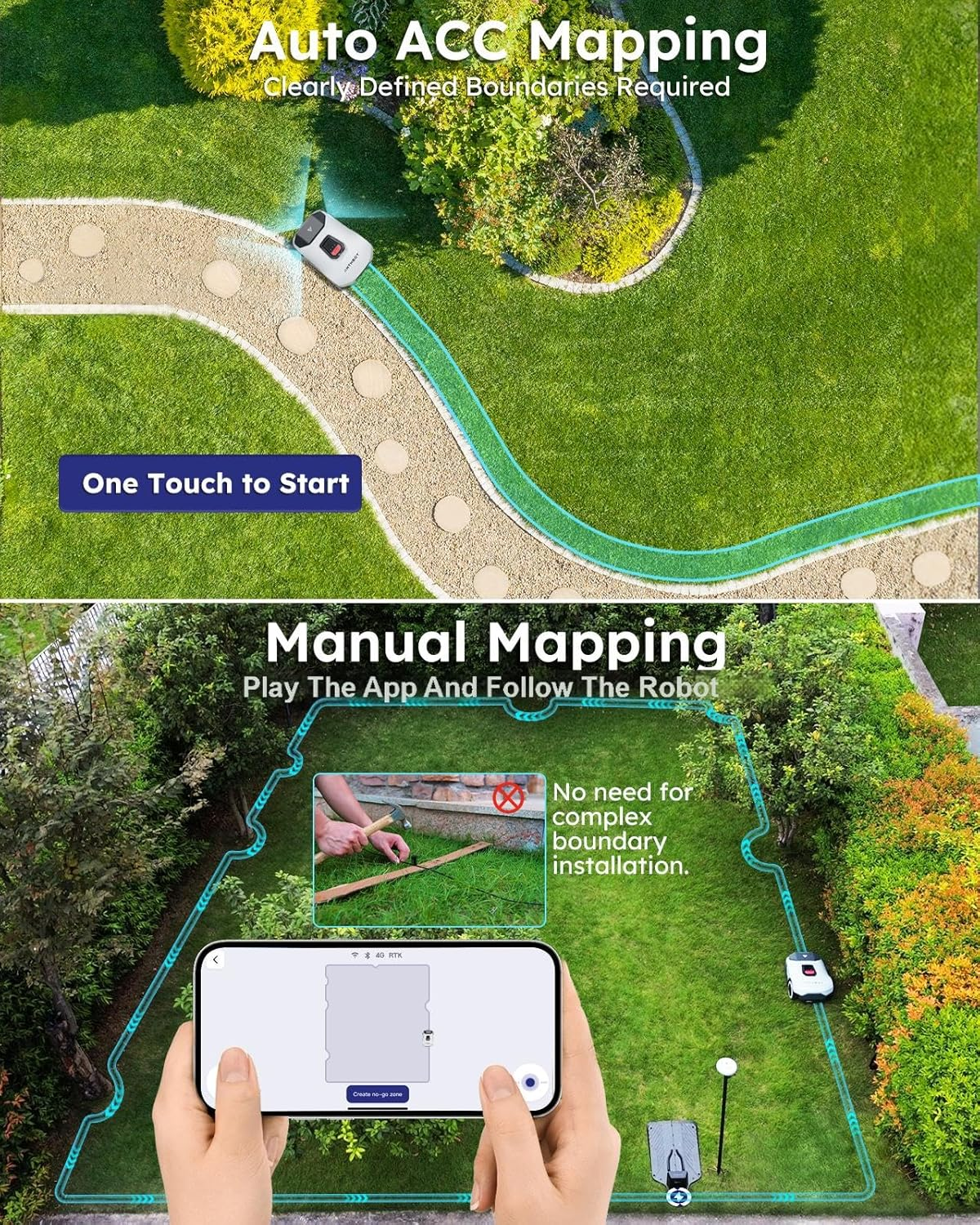 Top view of a lawnmower on grass. Below, a person uses a phone app for manual mapping of a lawn, showing no-go zone.