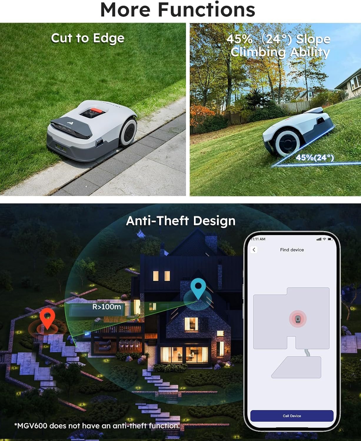 A robotic lawnmower on grass, a lawn with a slope, and a diagram of a house showing its location on a phone.