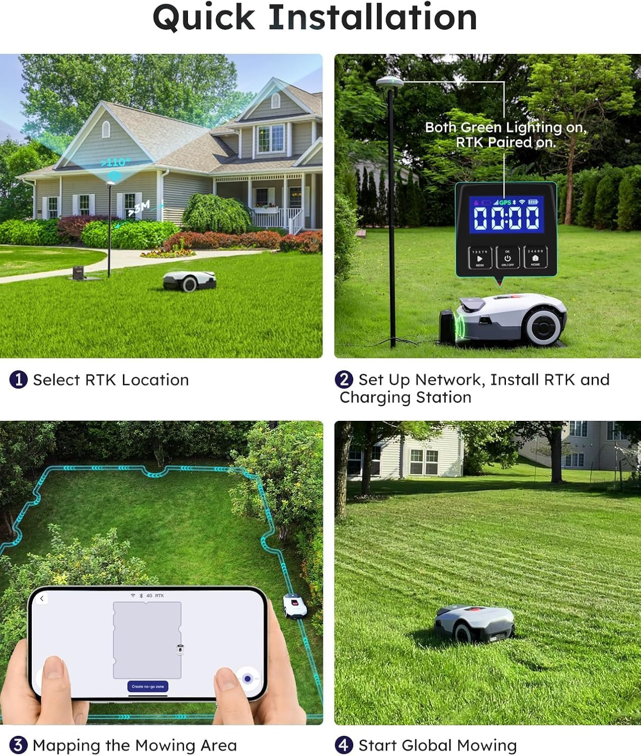 A lawnmower installation guide shows steps: RTK location, network setup, mowing area mapping, and global mowing start. Includes a lawnmower and smartphone.
