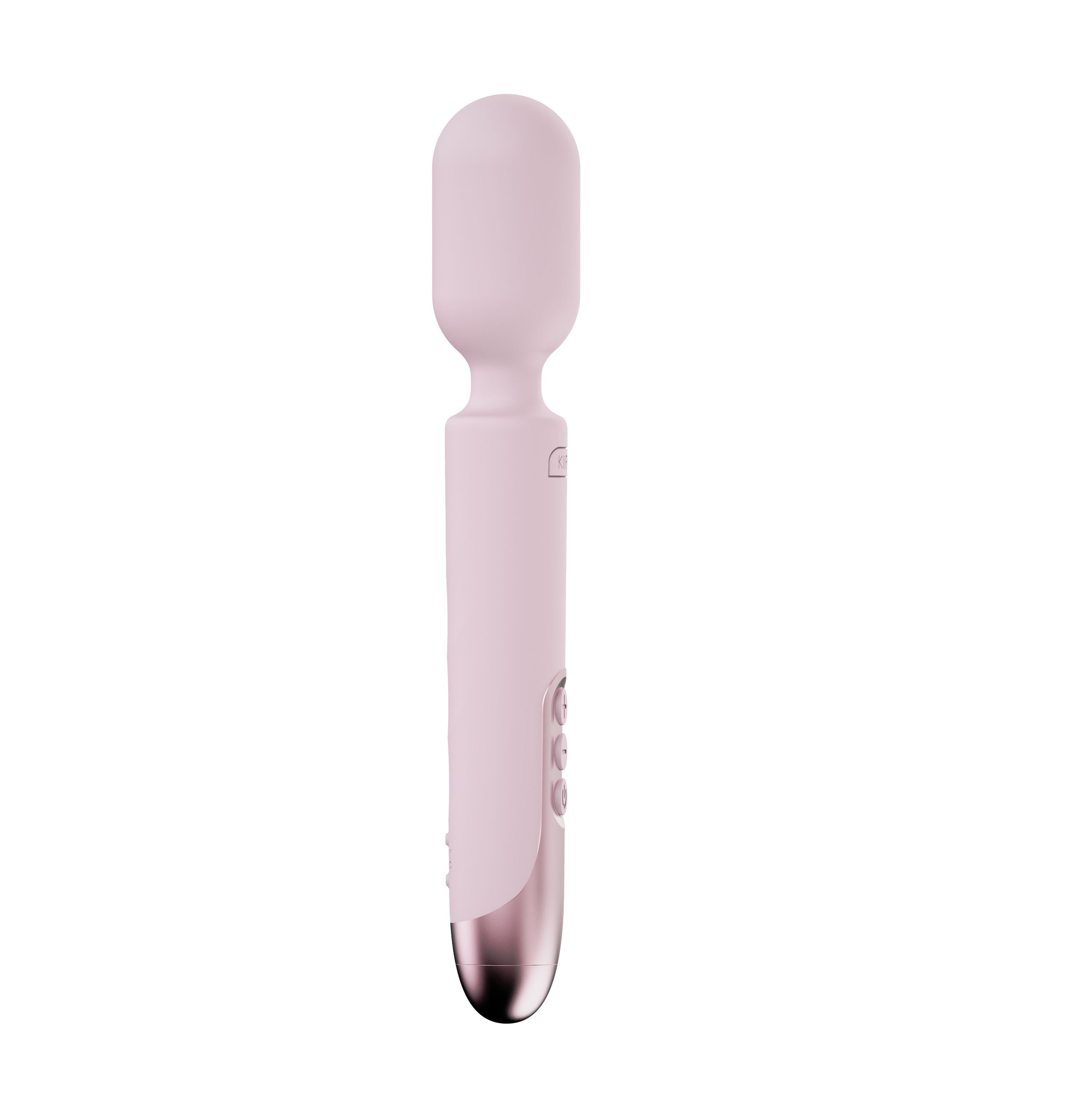 Ein rosa Vibrator auf weißem Hintergrund. Das Gerät hat einen abgerundeten Kopf, einen zylindrischen Körper und eine Metallbasis.