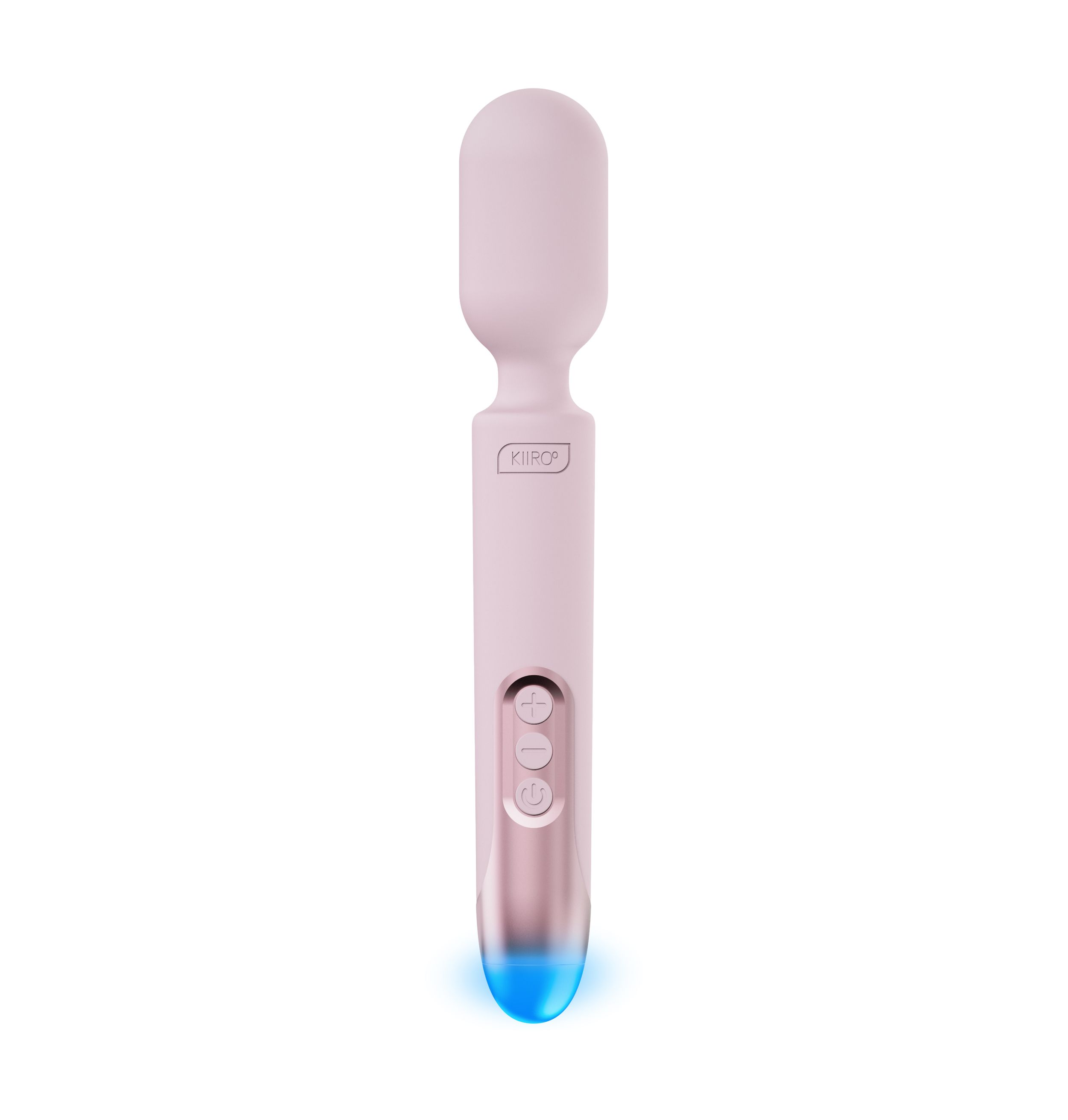 Ein rosa Vibrator mit rundem Kopf und blauem Licht an der Basis, vor weißem Hintergrund.
