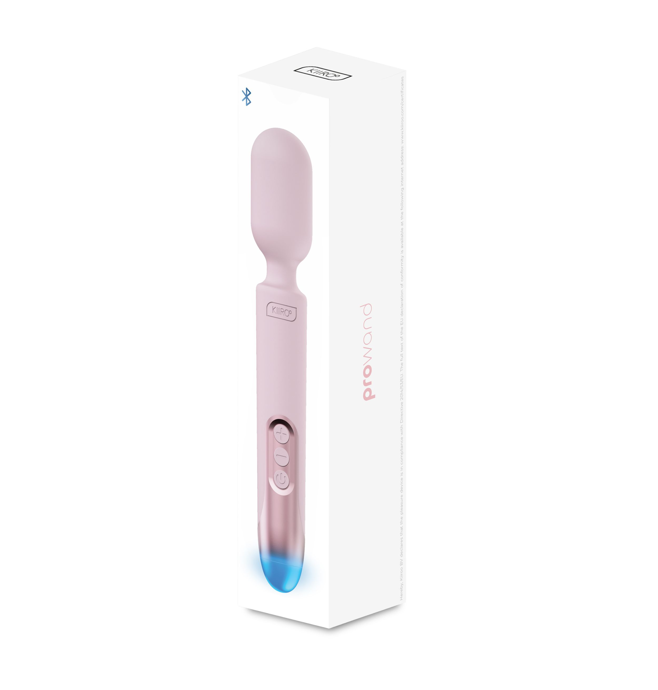 Ein rosa Sexspielzeug in einer weißen Schachtel. Das Spielzeug ist rosa mit roségoldenen Akzenten und hat Knöpfe. Auf der Schachtel steht proWand.