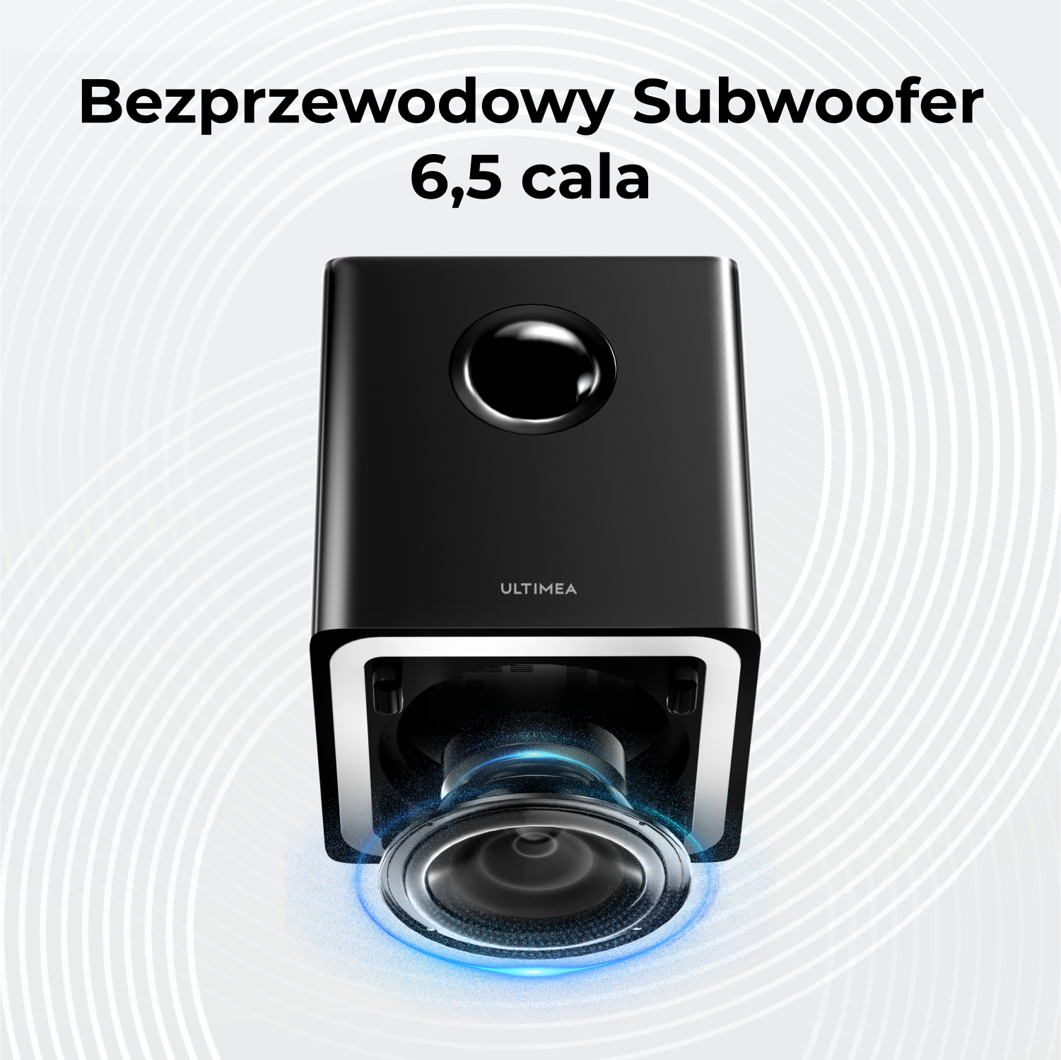 Czarny bezprzewodowy subwoofer 6,5 cala. Ma głośnik na dole, okrągły otwór i markę 'ULTIMEA'.