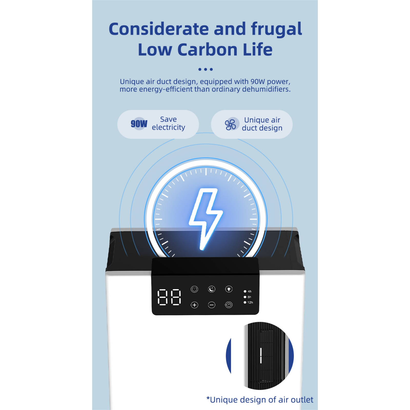 Luftentfeuchter mit 90W Leistung, Digitalanzeige und einzigartigem Luftauslassdesign. Fördert Energieeffizienz für ein kohlenstoffarmes Leben.