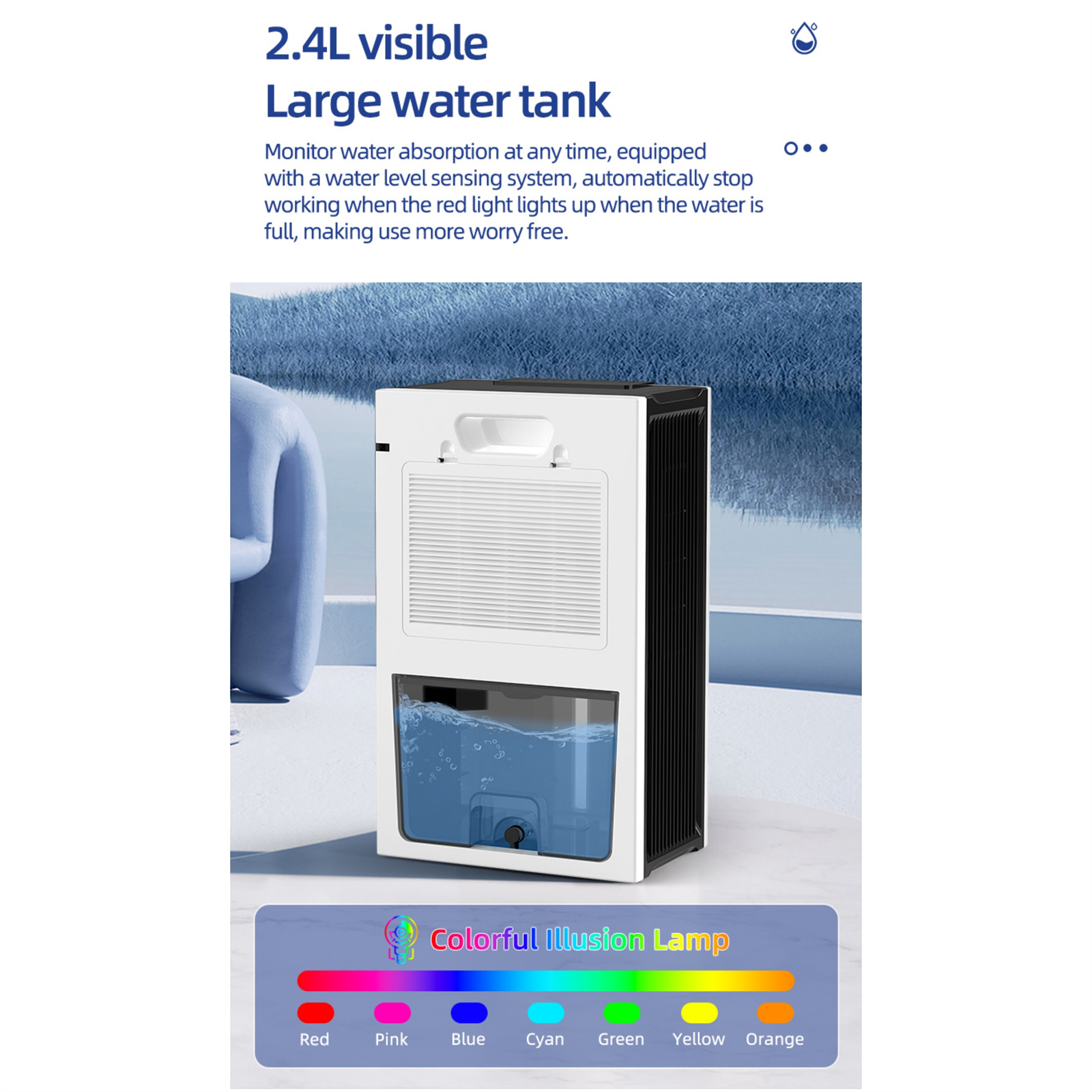 Ein weiß-schwarzer Luftreiniger mit Wassertank. Er hat eine Wasserstandsanzeige und ein farbenfrohes Licht unten.