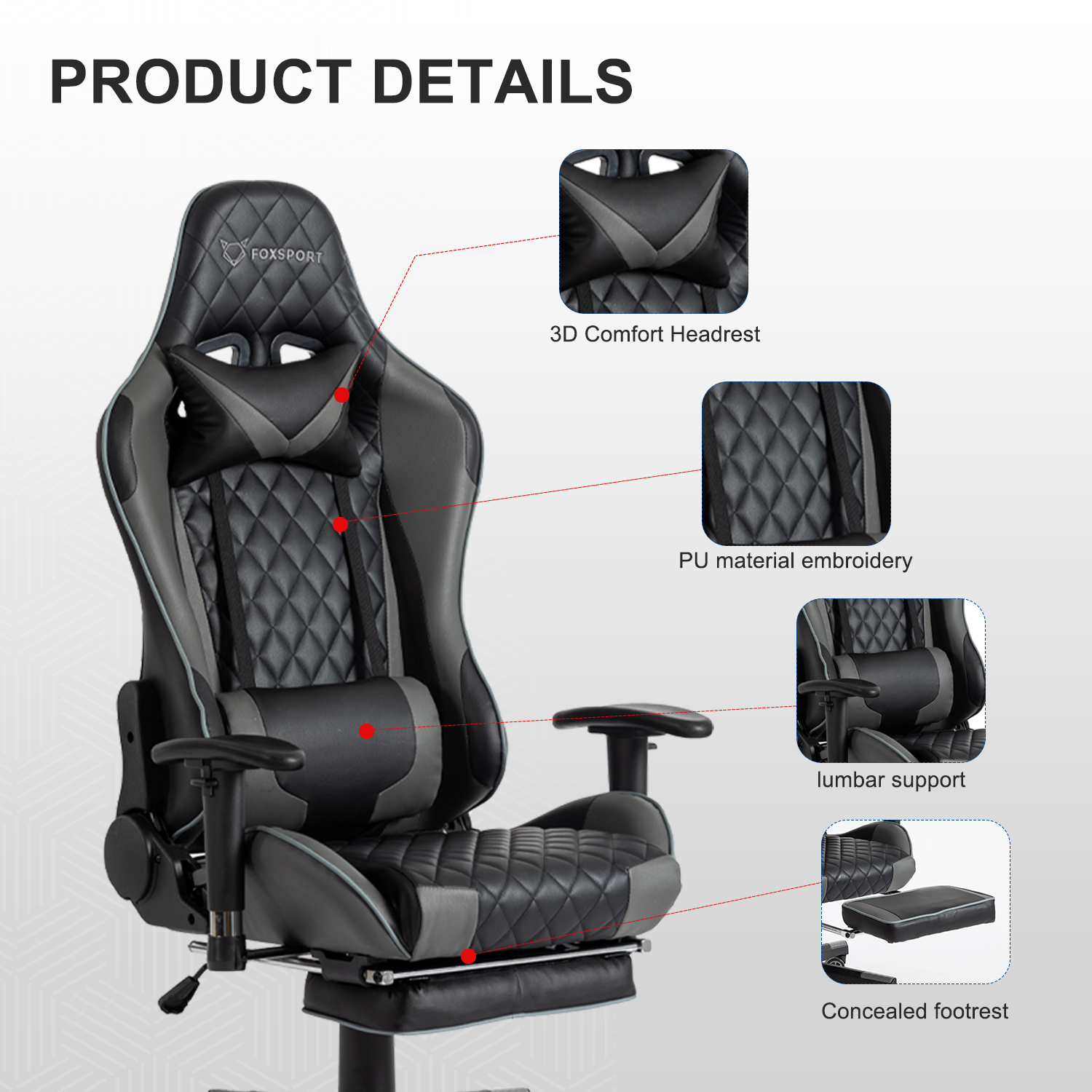 Ein schwarz-grauer Gaming-Stuhl mit Kopfstütze, Lendenwirbelstütze und Fußstütze wird angezeigt. Produktdetails werden über Callouts angezeigt.