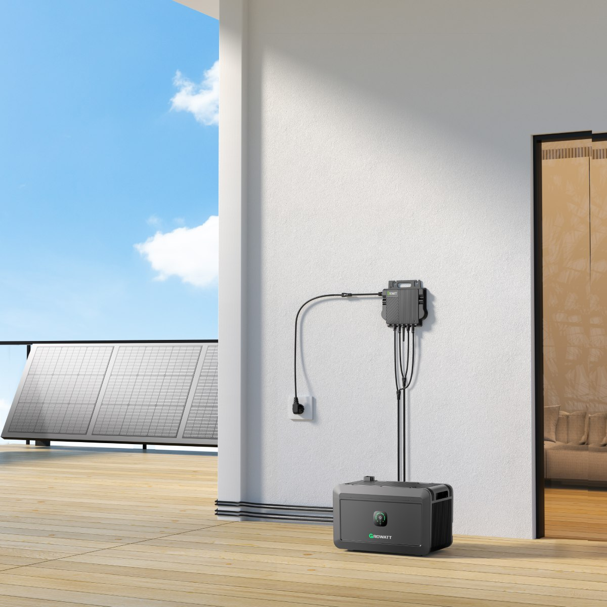 Außenszene mit Solarmodulen, einem Wandgerät und einer angeschlossenen Stromstation. Blauer Himmel im Hintergrund.