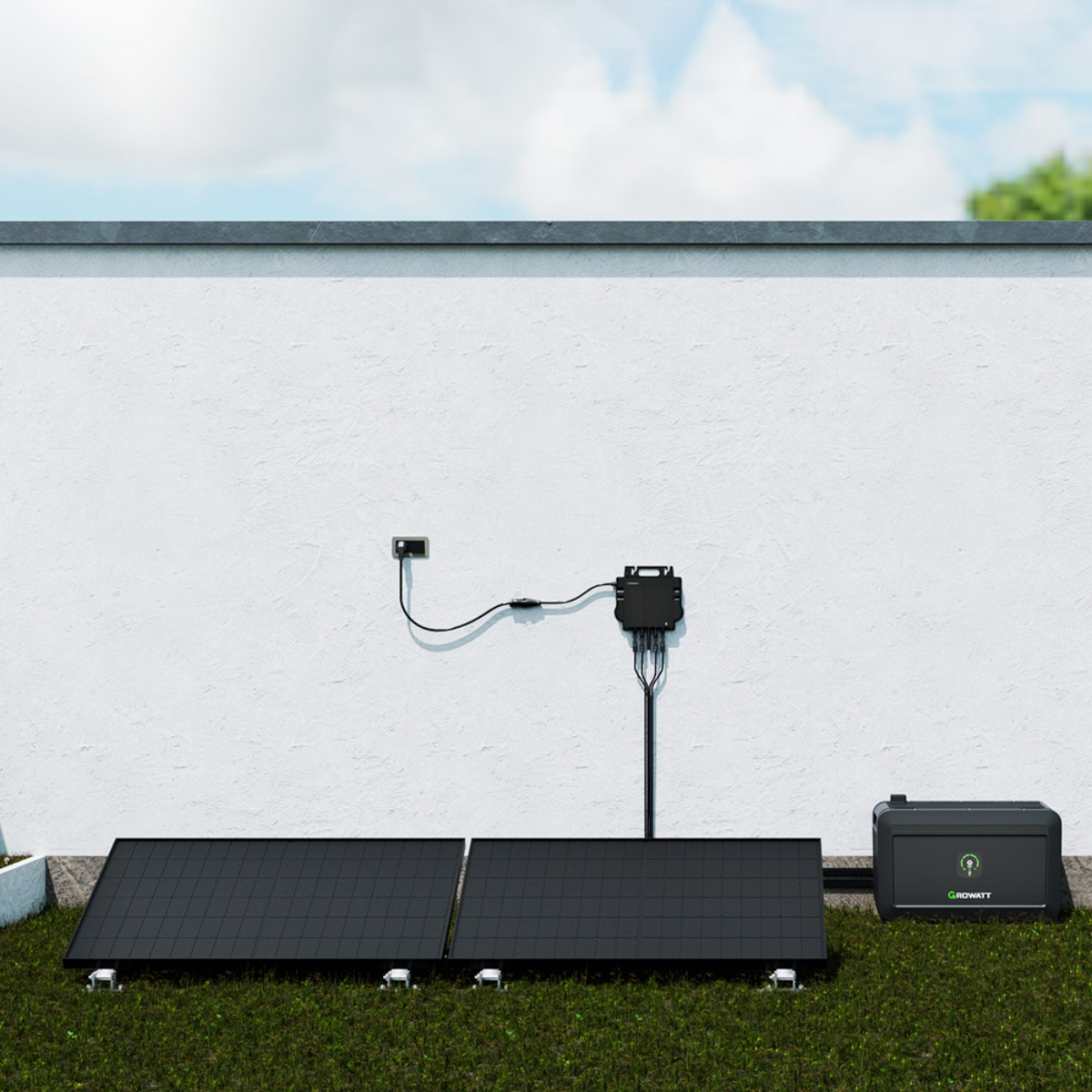 Solarpaneele auf Gras vor einer weißen Wand. Eine Stromversorgung und Batterie befinden sich rechts.