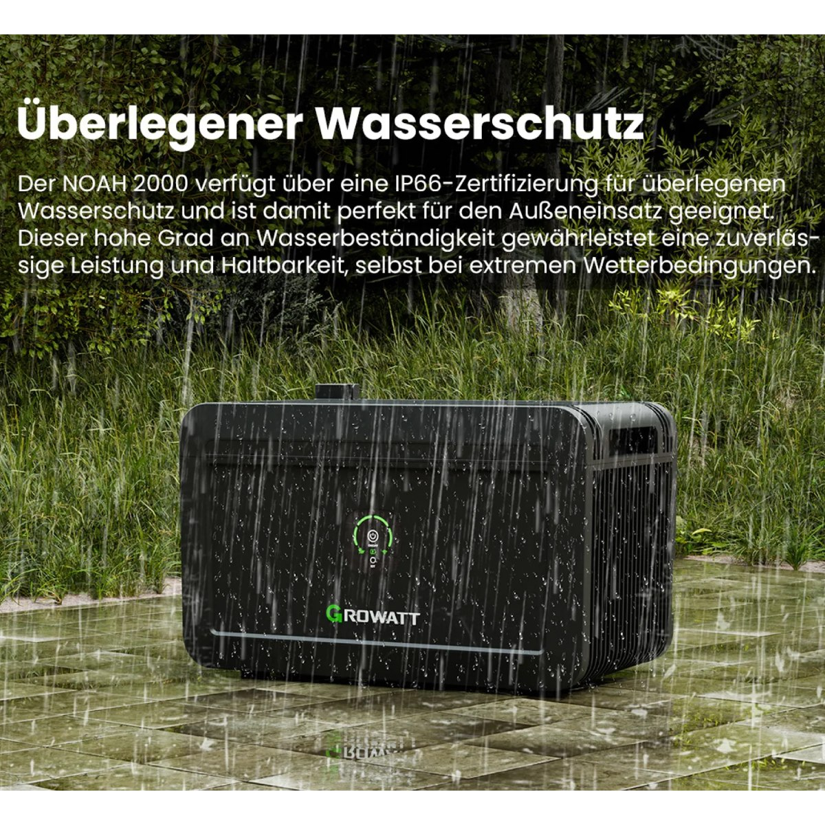 Schwarzes Gerät im Regen. Text: Überlegener Wasserschutz. Logo: GROWATT. Grüner Power-Knopf. Hintergrund: nasse Fliesen und grüne Pflanzen.