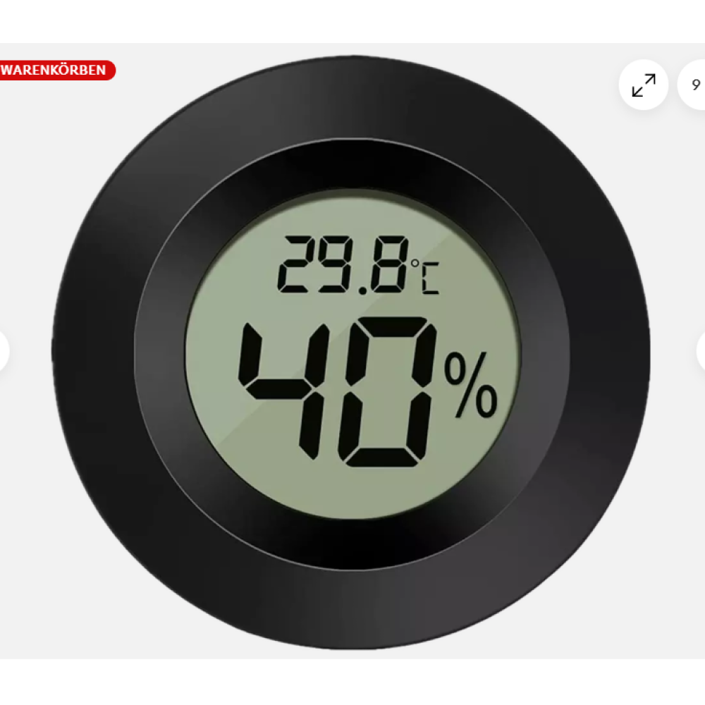 Ein schwarzes, kreisförmiges digitales Thermometer zeigt 29,8 Grad Celsius und 40 % Luftfeuchtigkeit an.