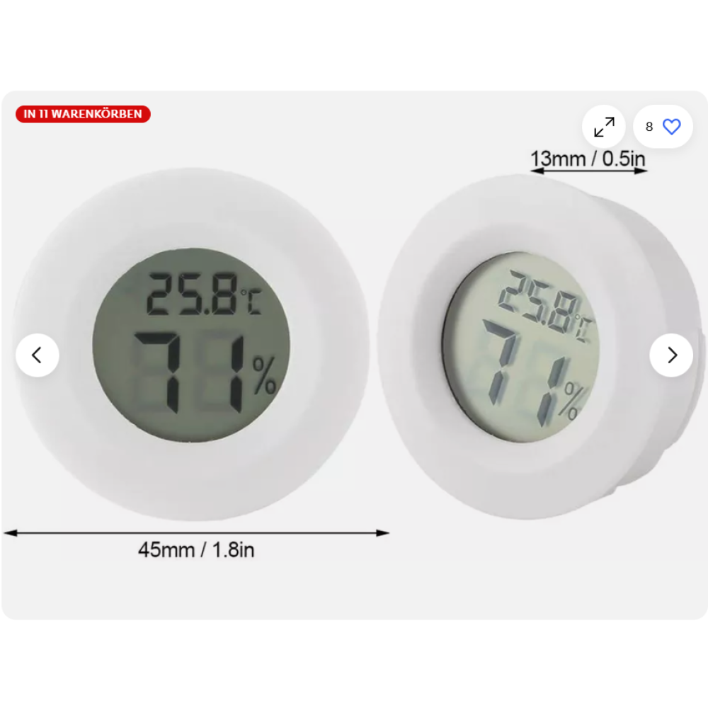 Zwei weiße, runde Hygrometer, die eine Temperatur von 25,8 Grad Celsius und eine Luftfeuchtigkeit von 71 % anzeigen.