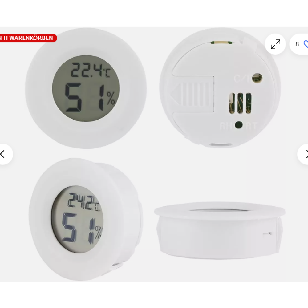 Vier weiße digitale Hygrometer. Jedes zeigt Temperatur- und Feuchtigkeitsmesswerte an. Eines zeigt 22,4 °C und 51 %, ein anderes 24,2 °C und 51 %.