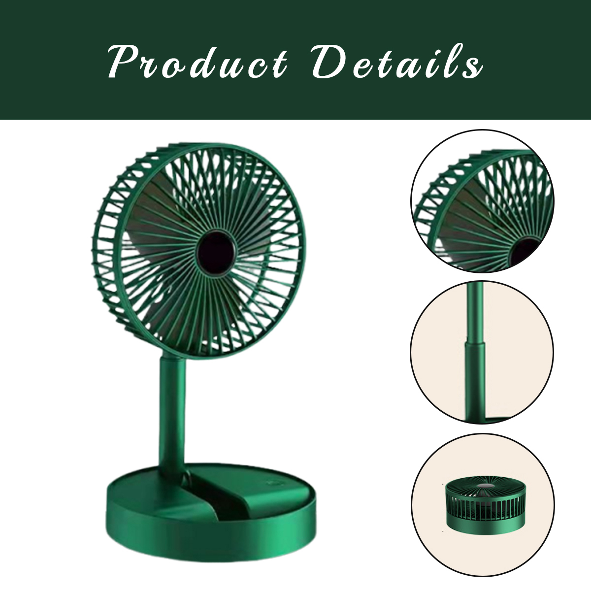 Ein grüner Tischventilator mit rundem Sockel, Ständer und Ventilatorkopf. Details zeigen die Teile des Ventilators und eine Nahaufnahme.