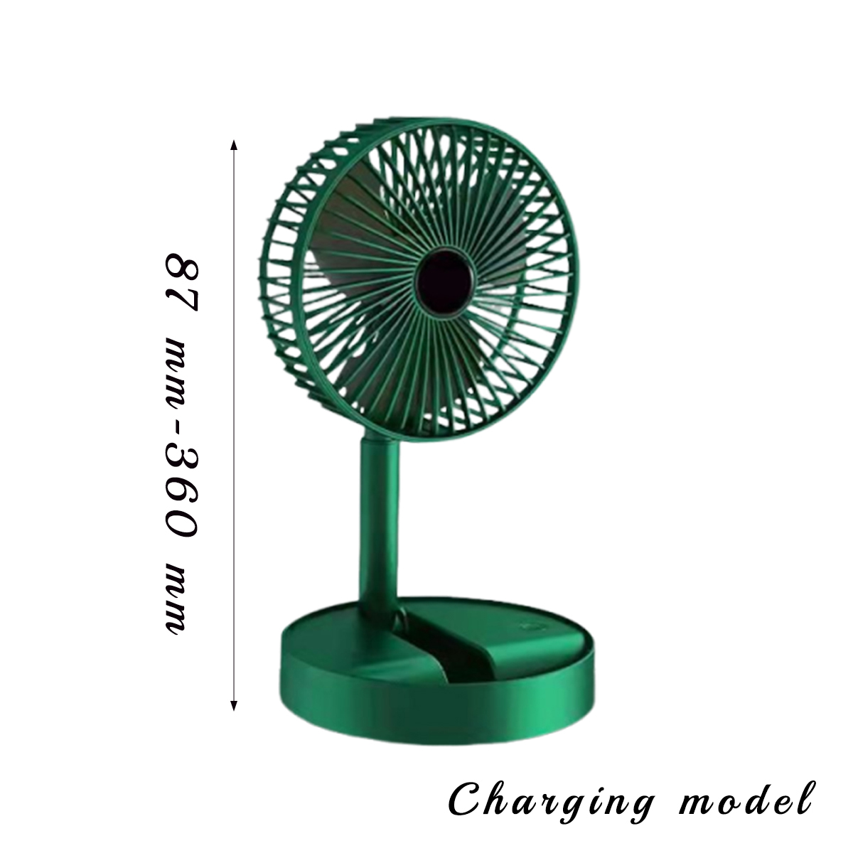Ein grünes Lademodell-Ventilator ist abgebildet. Der Ventilator ist rund mit Flügeln. Der Ventilator ist mit einem Ständer verbunden. Der Text 'Charging model' wird angezeigt.