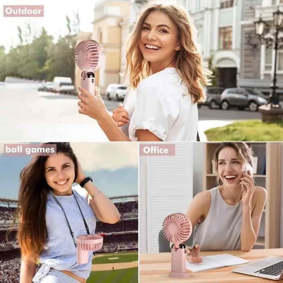 Eine Frau lächelt, während sie einen rosa Ventilator hält. Andere Frauen werden ebenfalls mit dem Ventilator gezeigt. Szenen umfassen Outdoor-, Ballspiele- und Büroeinstellungen.