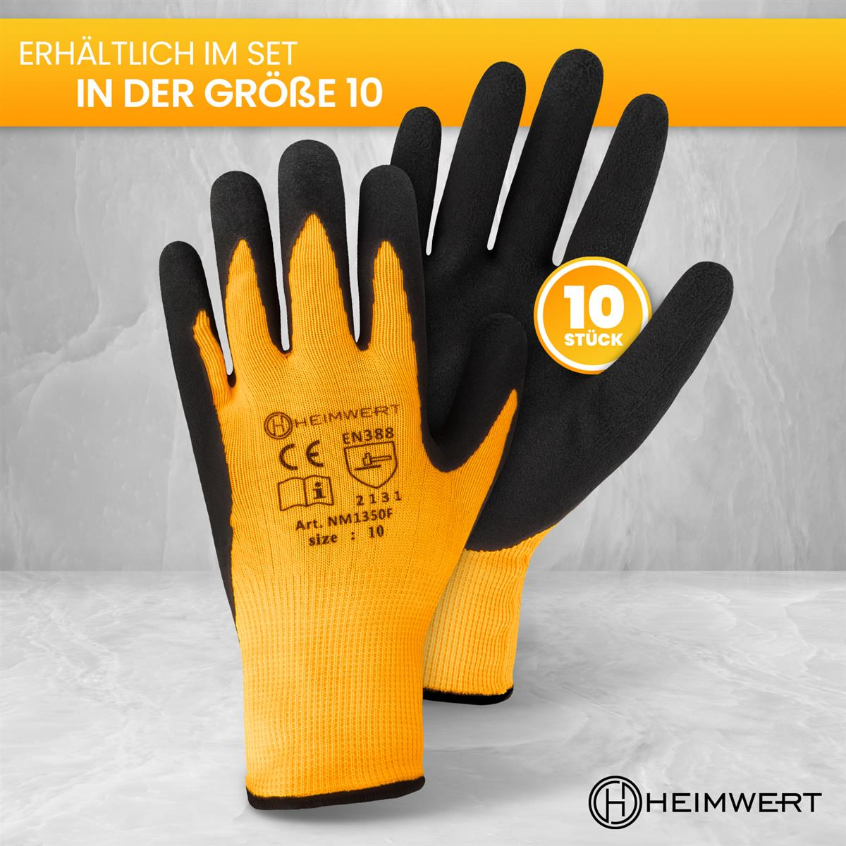 Zwei Arbeits-Handschuhe, schwarz und orange, mit einem "10 Stück" Aufkleber. Text auf den Handschuhen lautet "HEIMWERT", "CE", "EN388" und Größe 10.