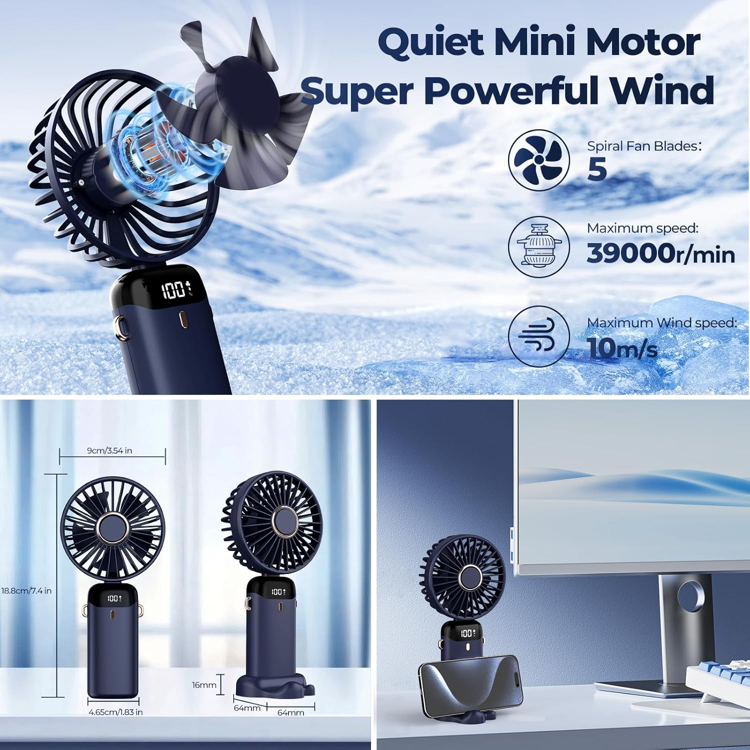 Ein blauer Mini-Ventilator mit 5 Flügeln, Anzeige mit 100 % und Text über seine Windkraft.