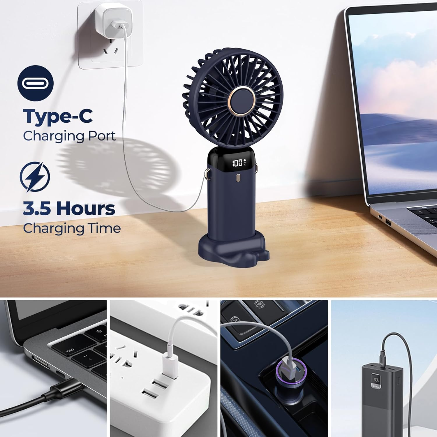 Ein dunkelblauer tragbarer Ventilator wird aufgeladen. Auf der rechten Seite befindet sich ein Laptop. Mehrere Lademethoden sind unten dargestellt.