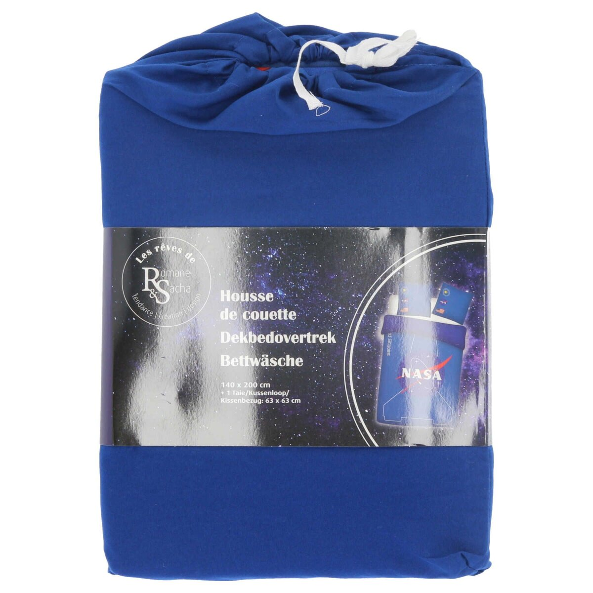 Blaues Bettwäsche-Set mit NASA-Design auf der Verpackung. Das Set enthält einen Bettbezug und einen Kissenbezug.