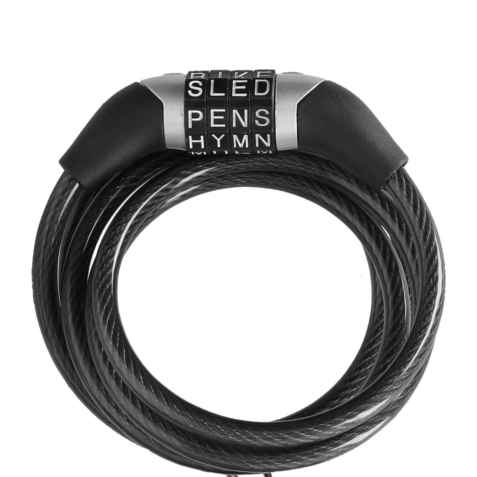 Ein schwarzes Fahrradschloss mit einem Zahlenschloss, das Buchstaben zeigt. Das Kabel ist aufgerollt, der Hintergrund ist weiß.