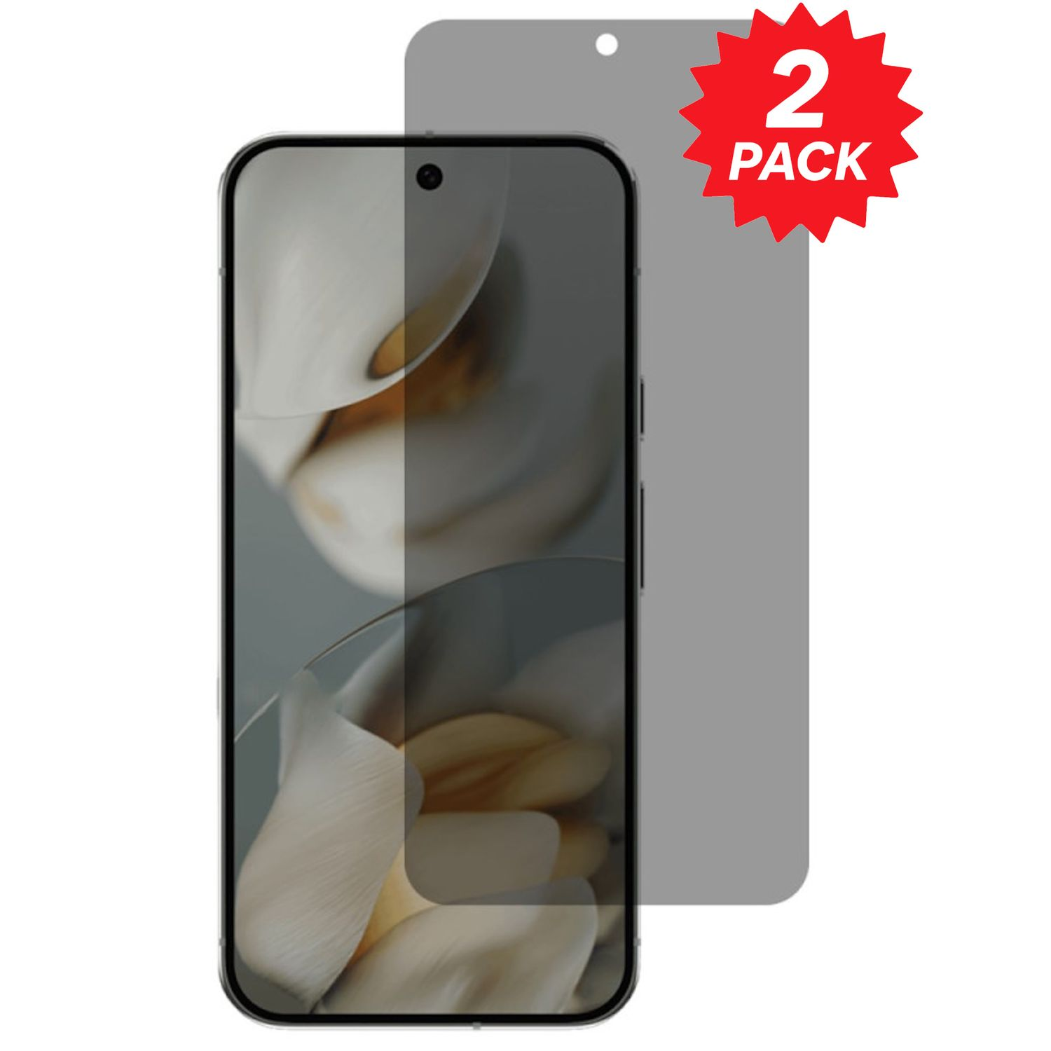 Smartphone con protezione schermo. Adesivo rosso '2 PACK' a destra. Lo schermo è parzialmente coperto.