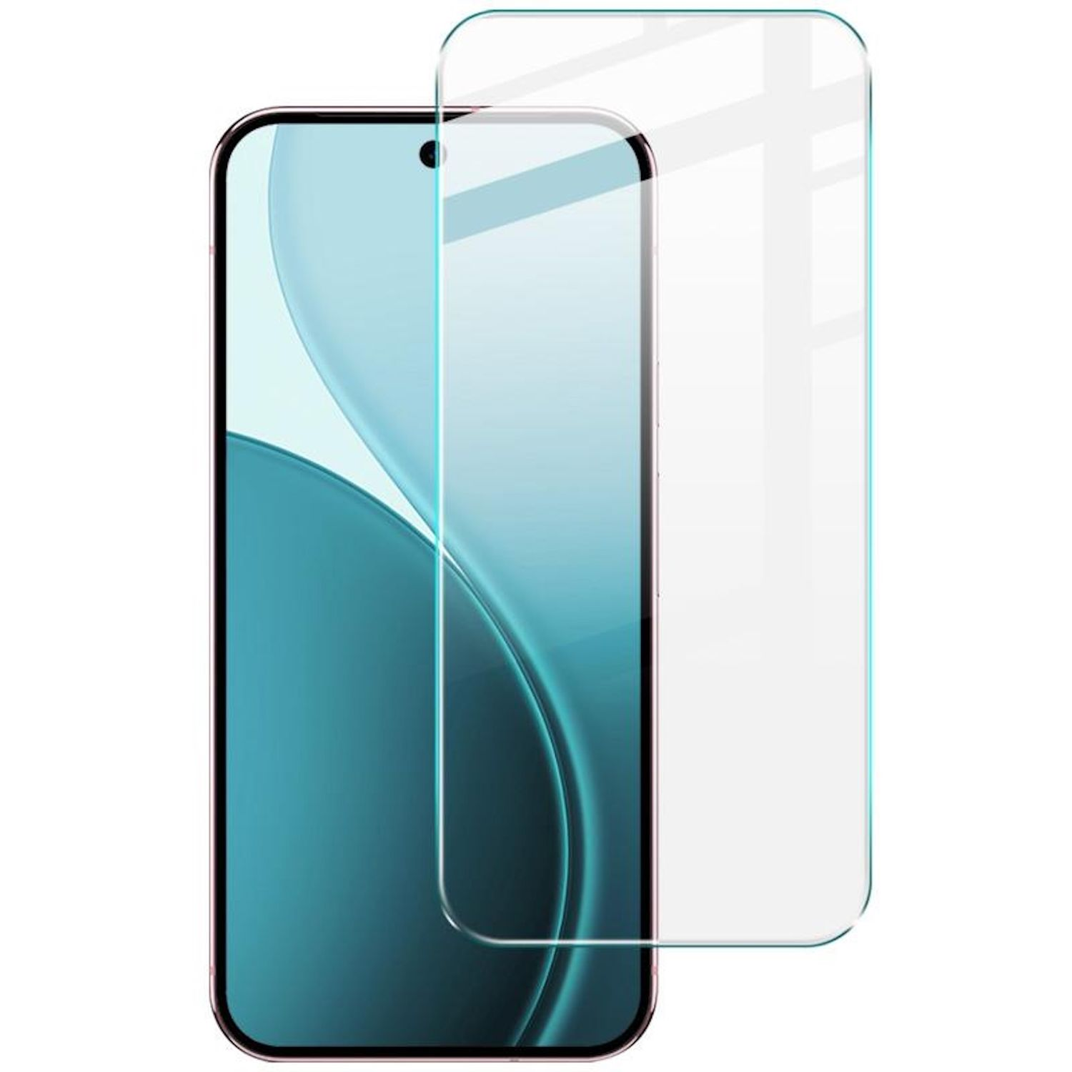 Ein Smartphone mit aufgebrachter Displayschutzfolie. Das Telefon ist schwarz mit einem rosa Rand und einem Loch für die Frontkamera.