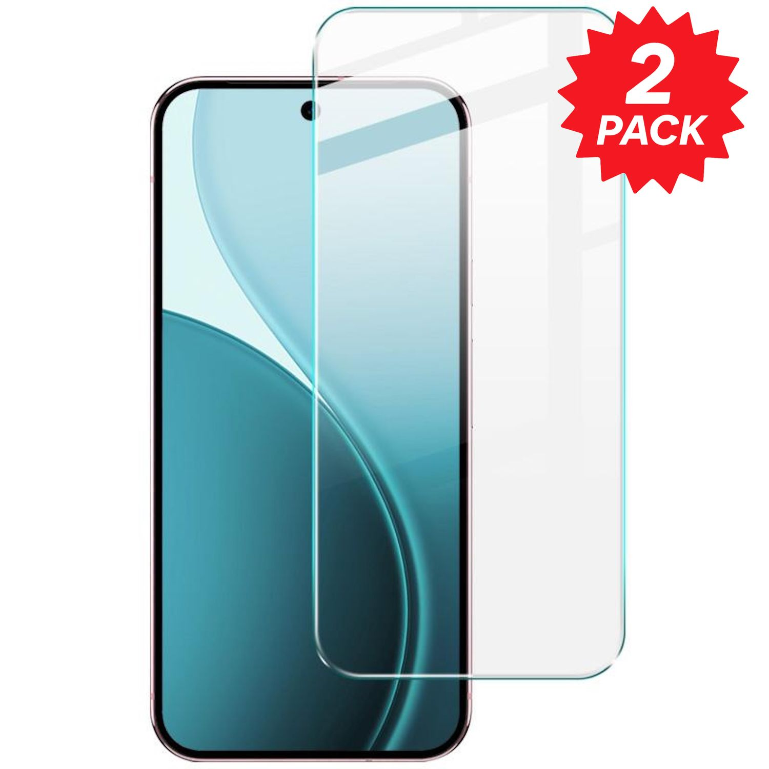 Ein Smartphone mit Displayschutzfolie. Ein roter Stern mit '2 PACK' im Hintergrund.
