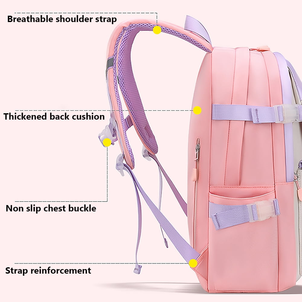 Rosa Rucksack mit lila Trägern. Zu den Merkmalen gehören ein atmungsaktiver Schultergurt, ein verdicktes Rückenkissen und eine rutschfeste Brustschnalle.