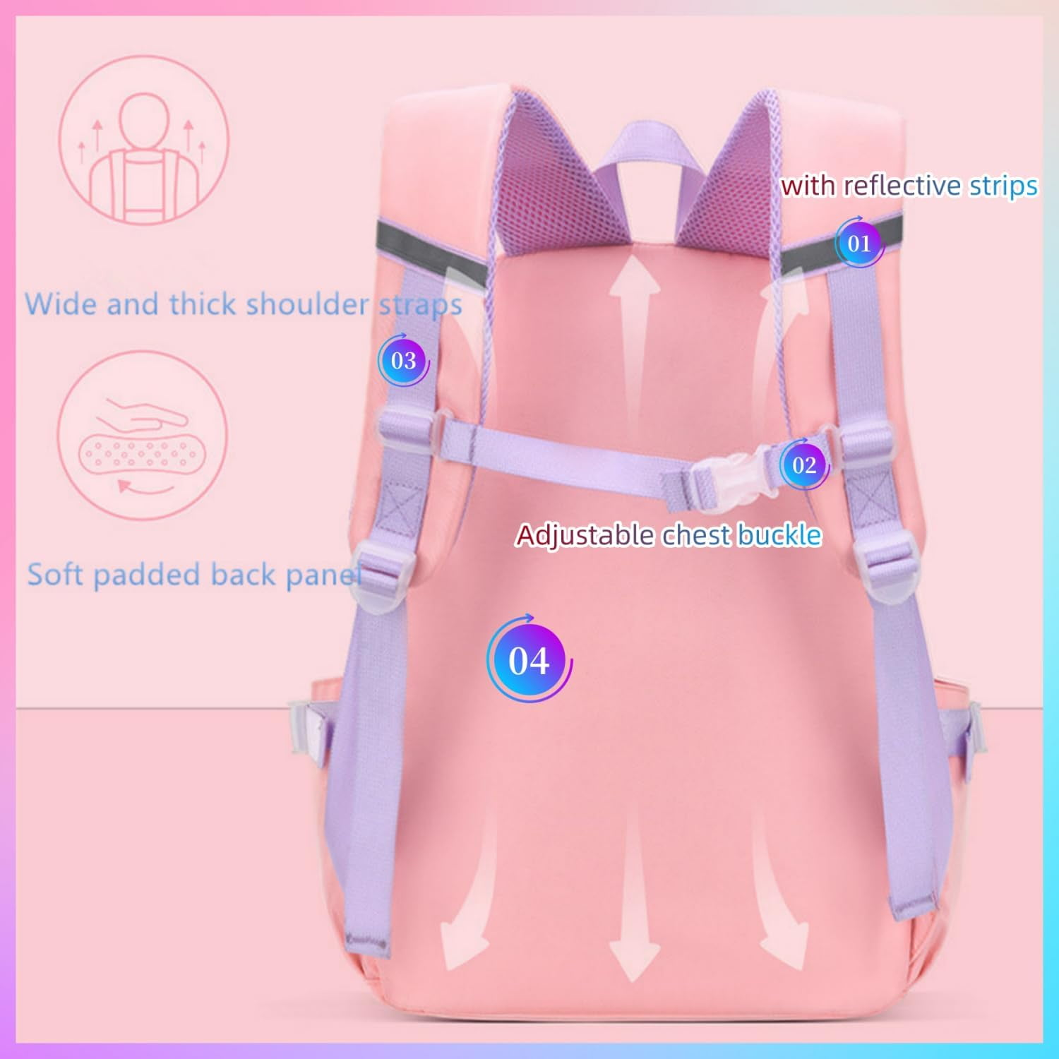 Rosa Rucksack mit lila Akzenten. Merkmale sind reflektierende Streifen, verstellbare Brustschnalle, breite Schultergurte und weich gepolstertes Rückenteil.