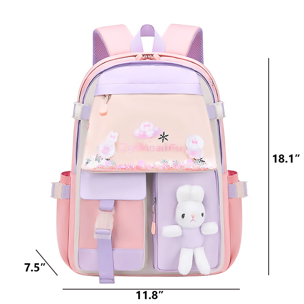 Rosa und lila Rucksack mit Hase und Verzierungen. Maße: 18,1" hoch, 11,8" breit, 7,5" tief.