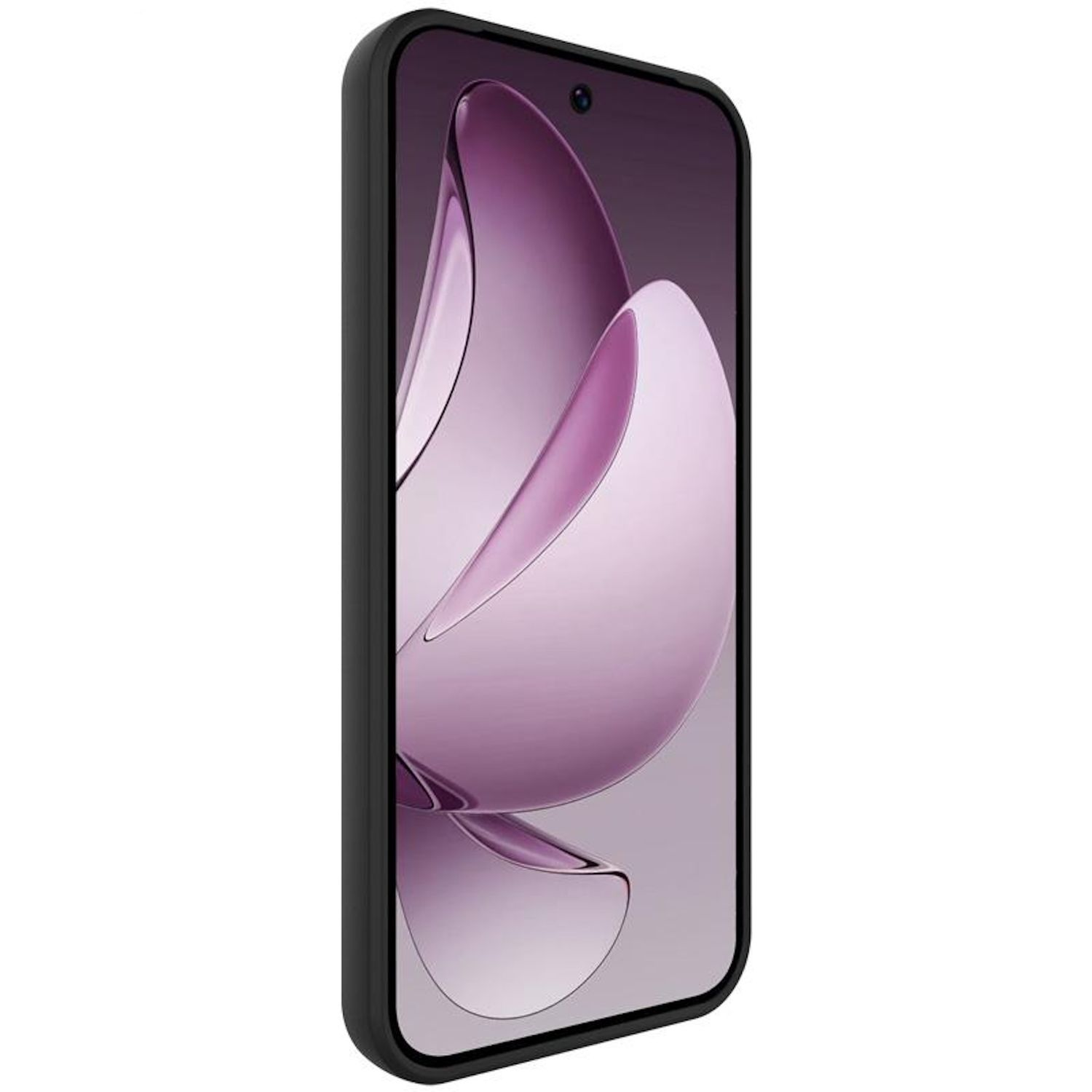 Ein Smartphone mit schwarzem Rahmen, das ein abstraktes, lila-weißes Blumendesign auf dem Bildschirm zeigt.