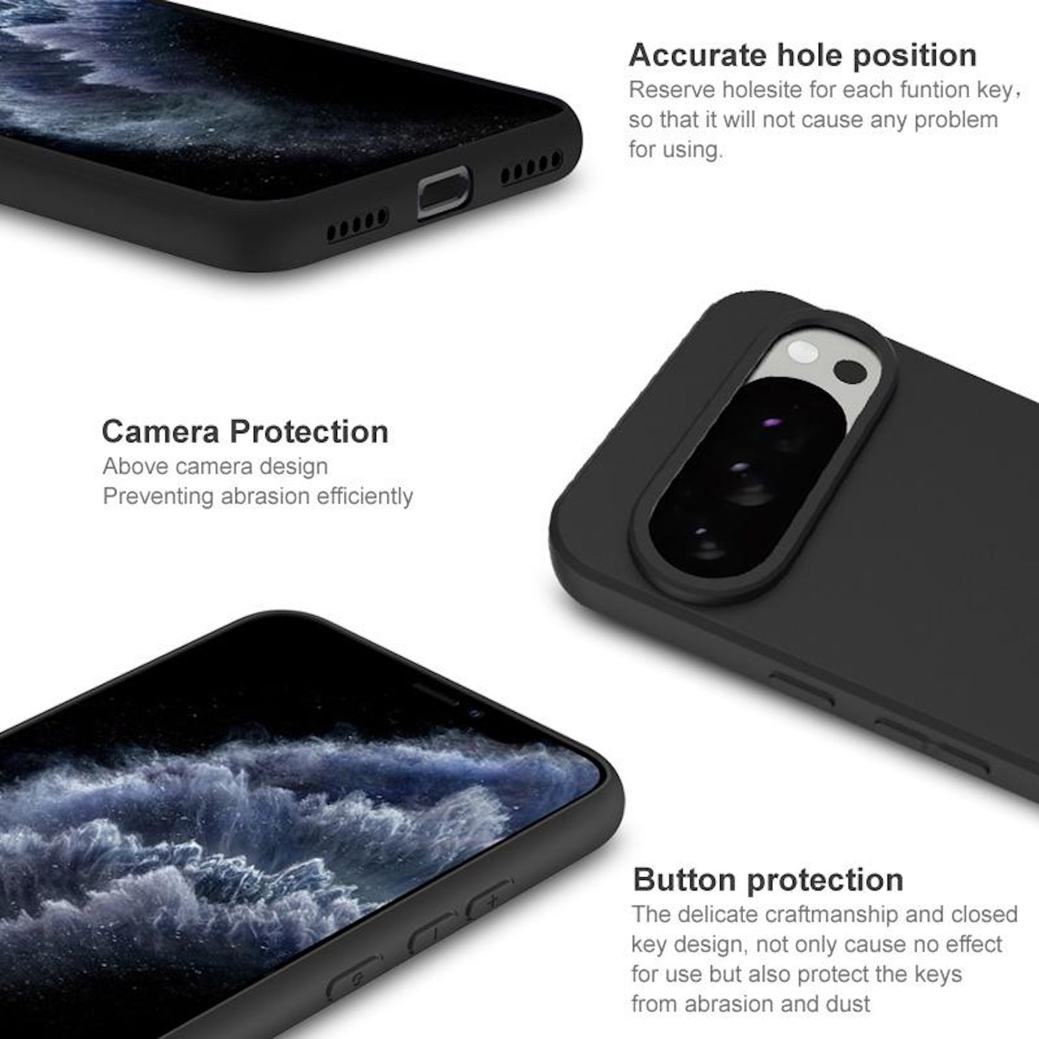 Schwarze Handyhüllen mit Kamera- und Knopfschutz. Nahaufnahmen zeigen Designdetails und präzise Lochpositionierung.