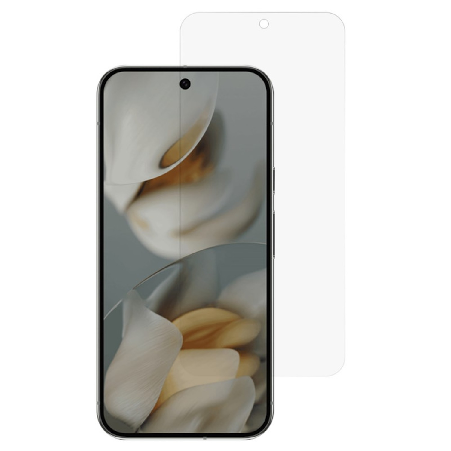 Uno smartphone con una protezione per lo schermo. Il telefono mostra un design floreale sfocato. La protezione è trasparente e ha un ritaglio per la fotocamera.