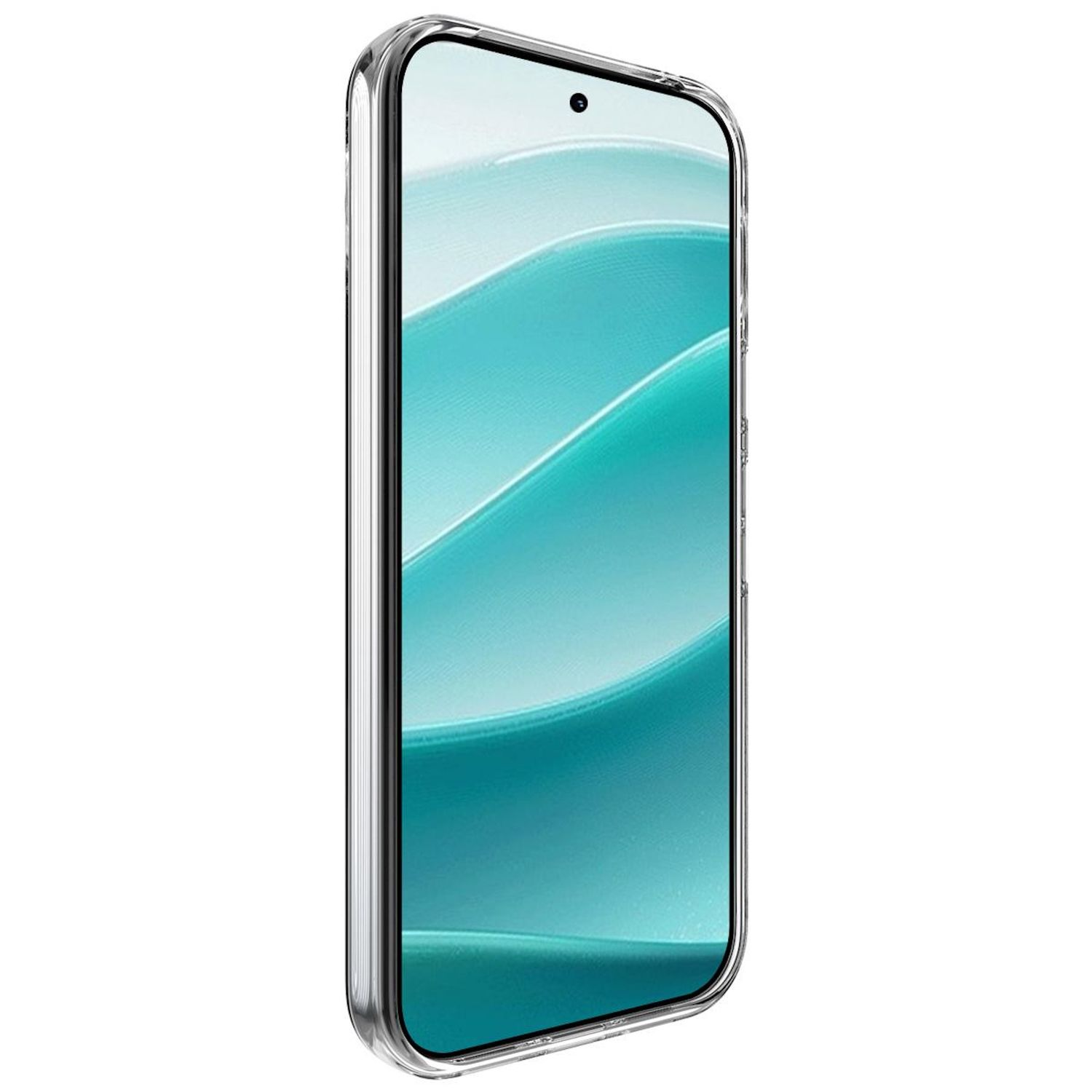 Ein Smartphone in einer durchsichtigen Schutzhülle, leicht abgewinkelt. Der Bildschirm zeigt ein blaues, wellenförmiges Muster. Die Hülle ist transparent.