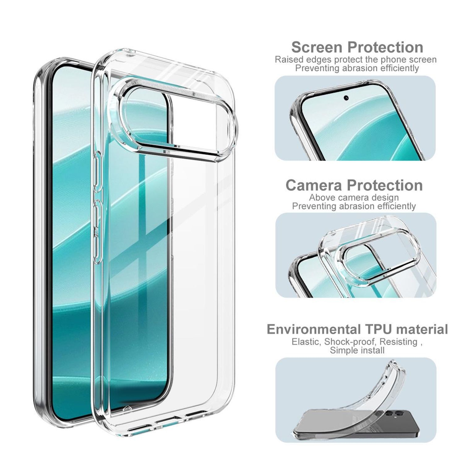 Transparente Handyhülle, die teilweise ein Handy bedeckt. Text beschreibt Bildschirm-, Kamera- und TPU-Materialschutz.