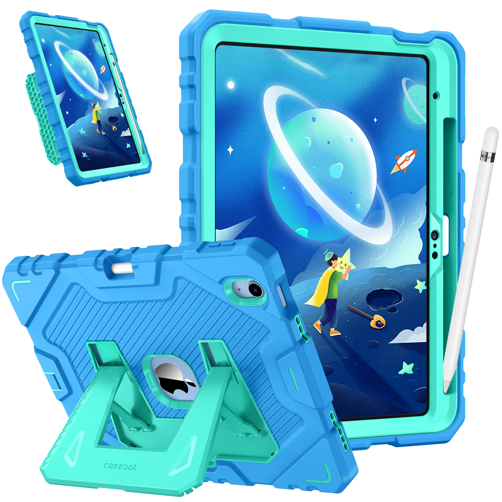 Blau-grüne Tablet-Hüllen mit Weltraum-Themenbildschirm. Eine Person mit einem Stern ist auf dem Bildschirm.