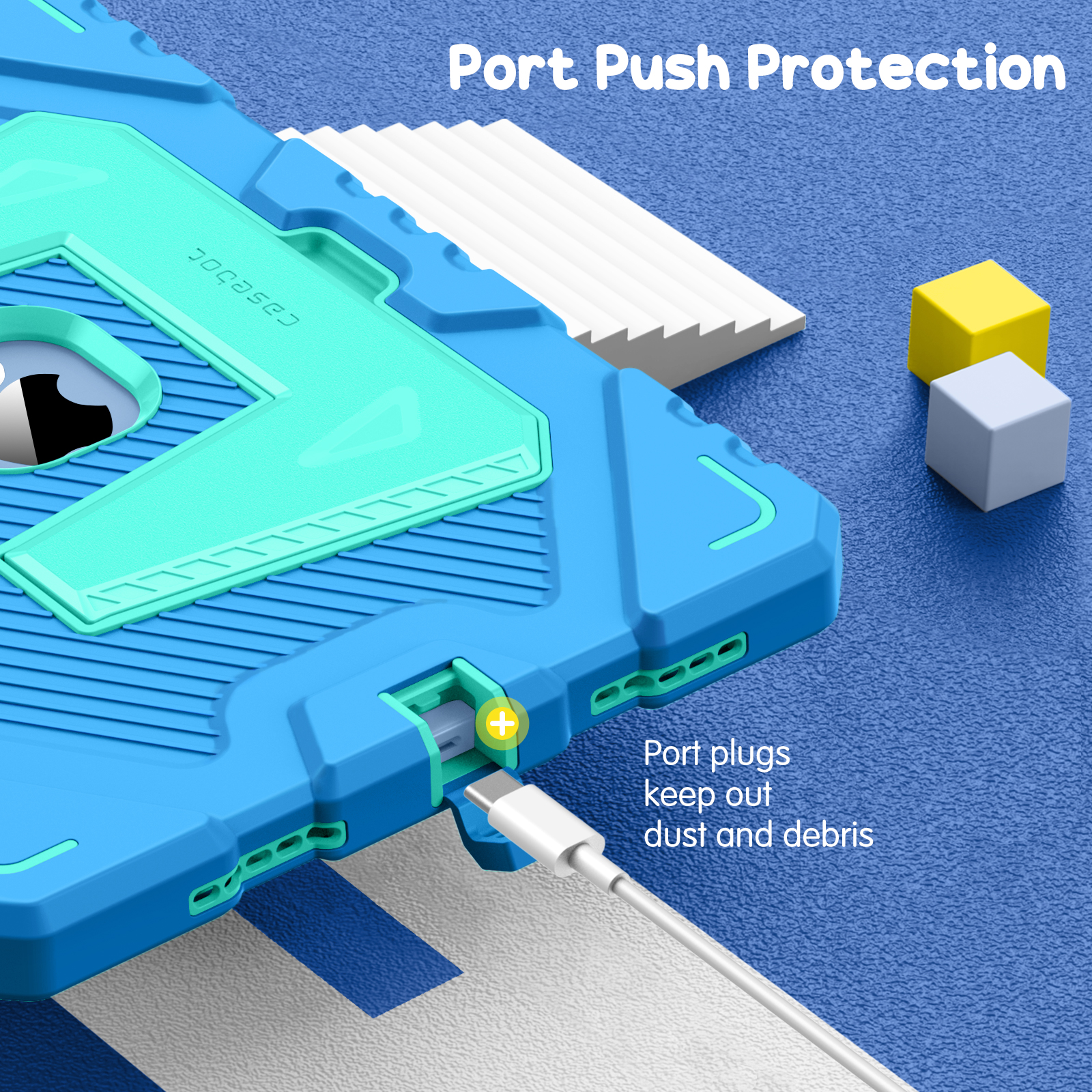 Blau-Türkisfarbene Tablethülle mit eingestecktem weißen Kabel. Gelbe und graue Würfel im Hintergrund. Text Port Push Protection.